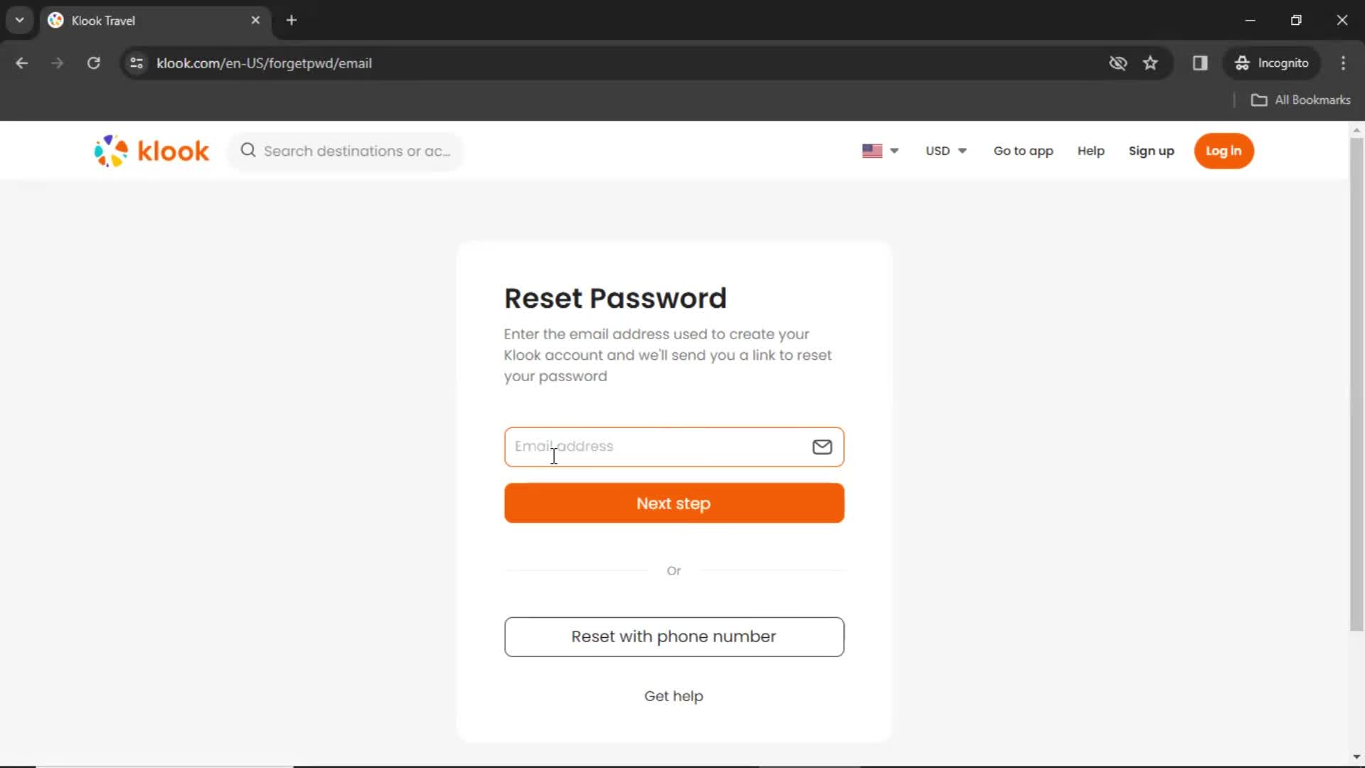 Resetting password screenshot