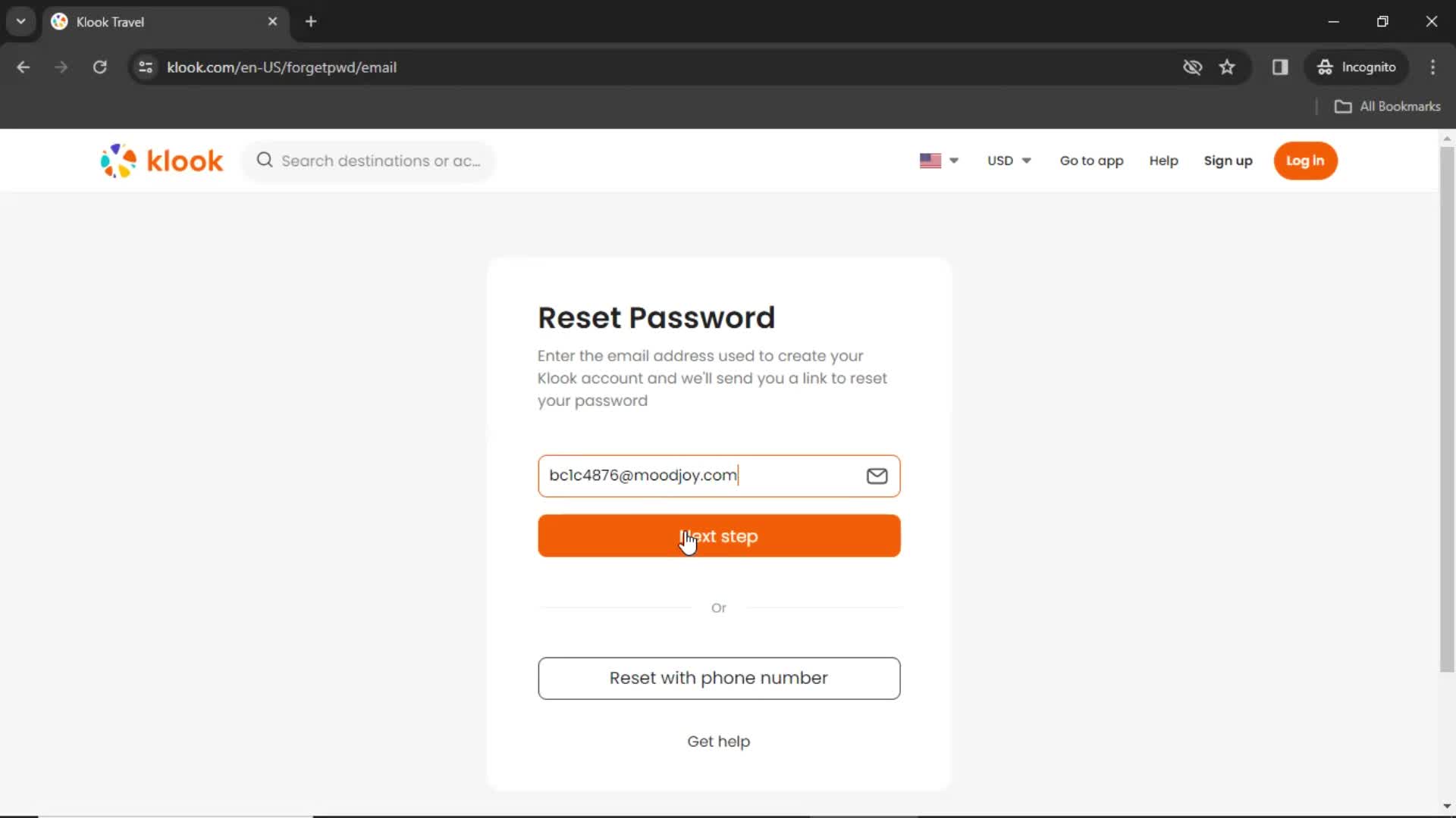 Resetting password screenshot