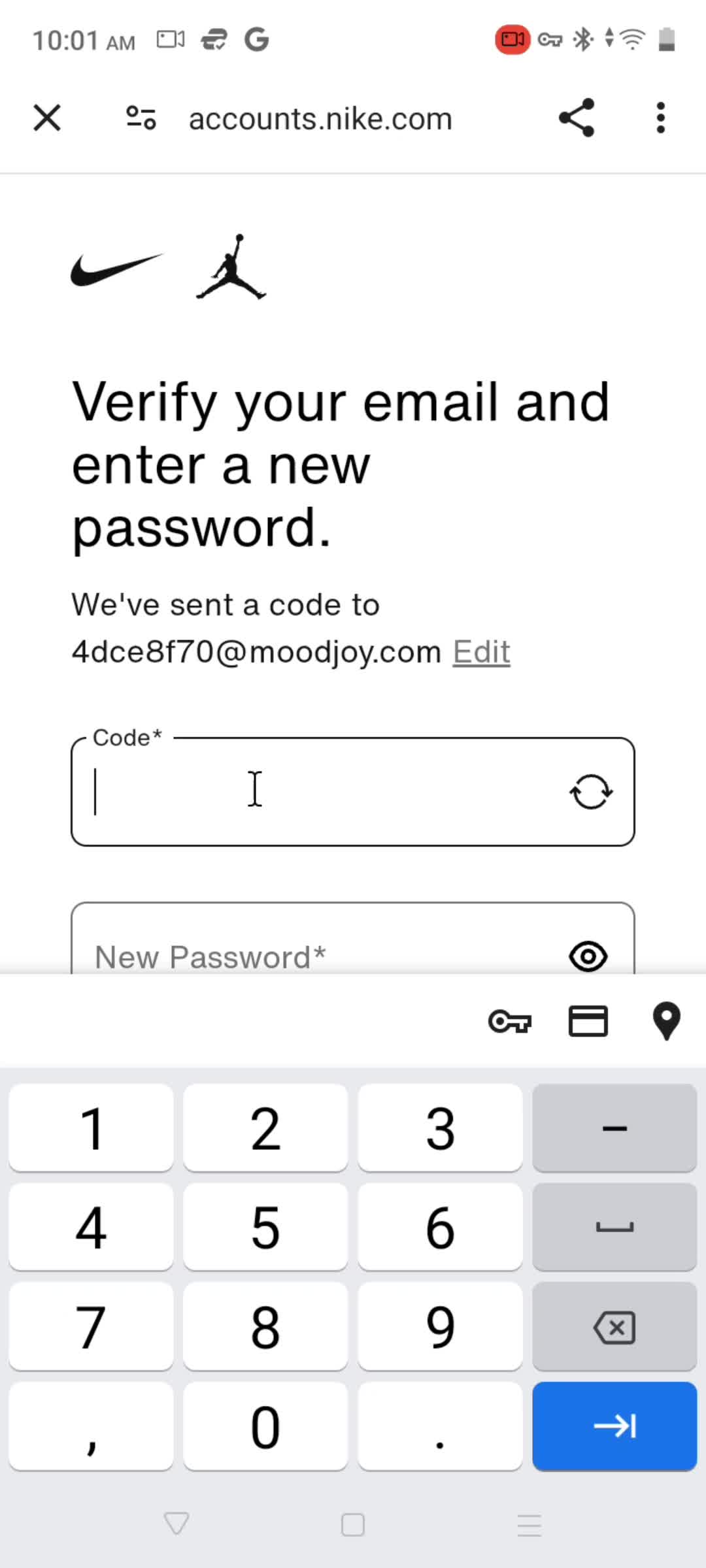 Resetting password screenshot