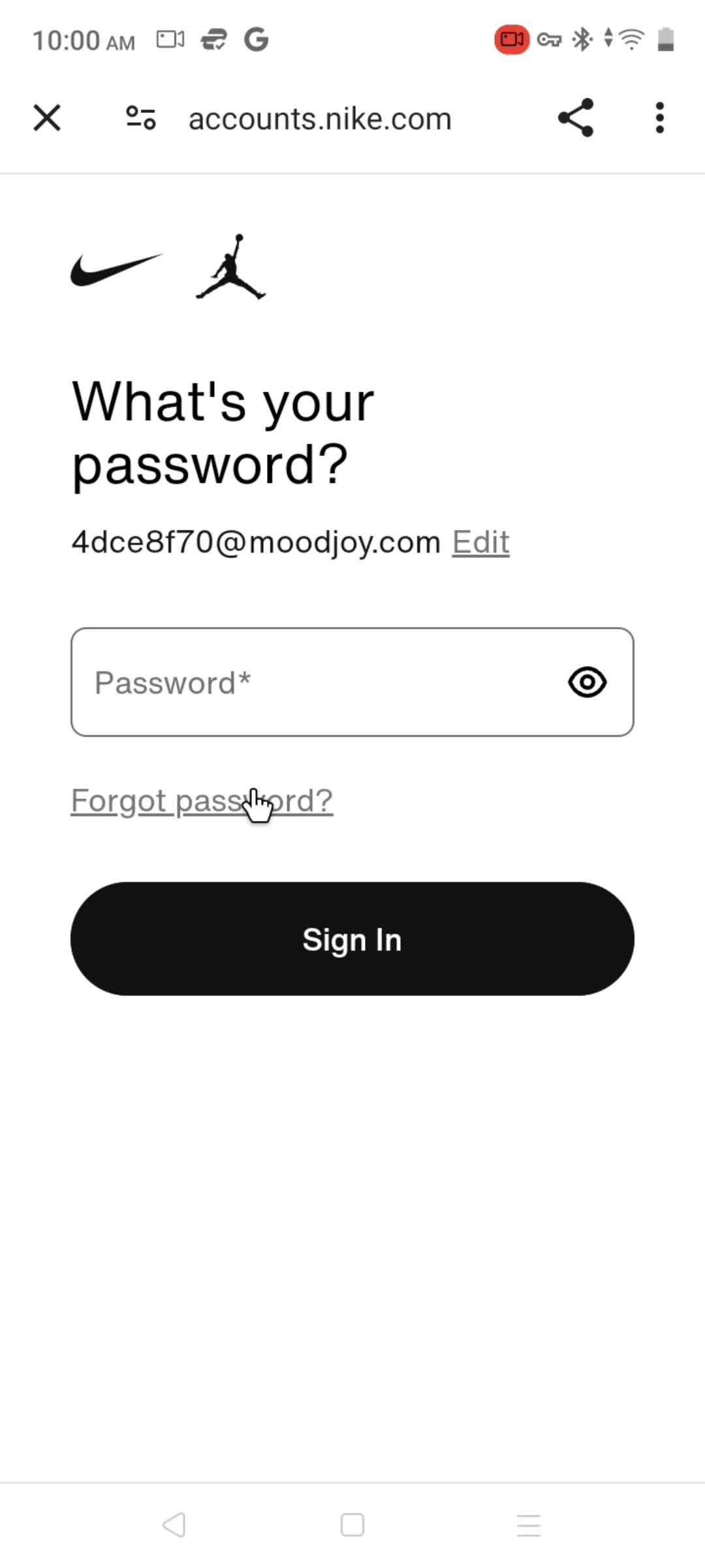 Resetting password screenshot