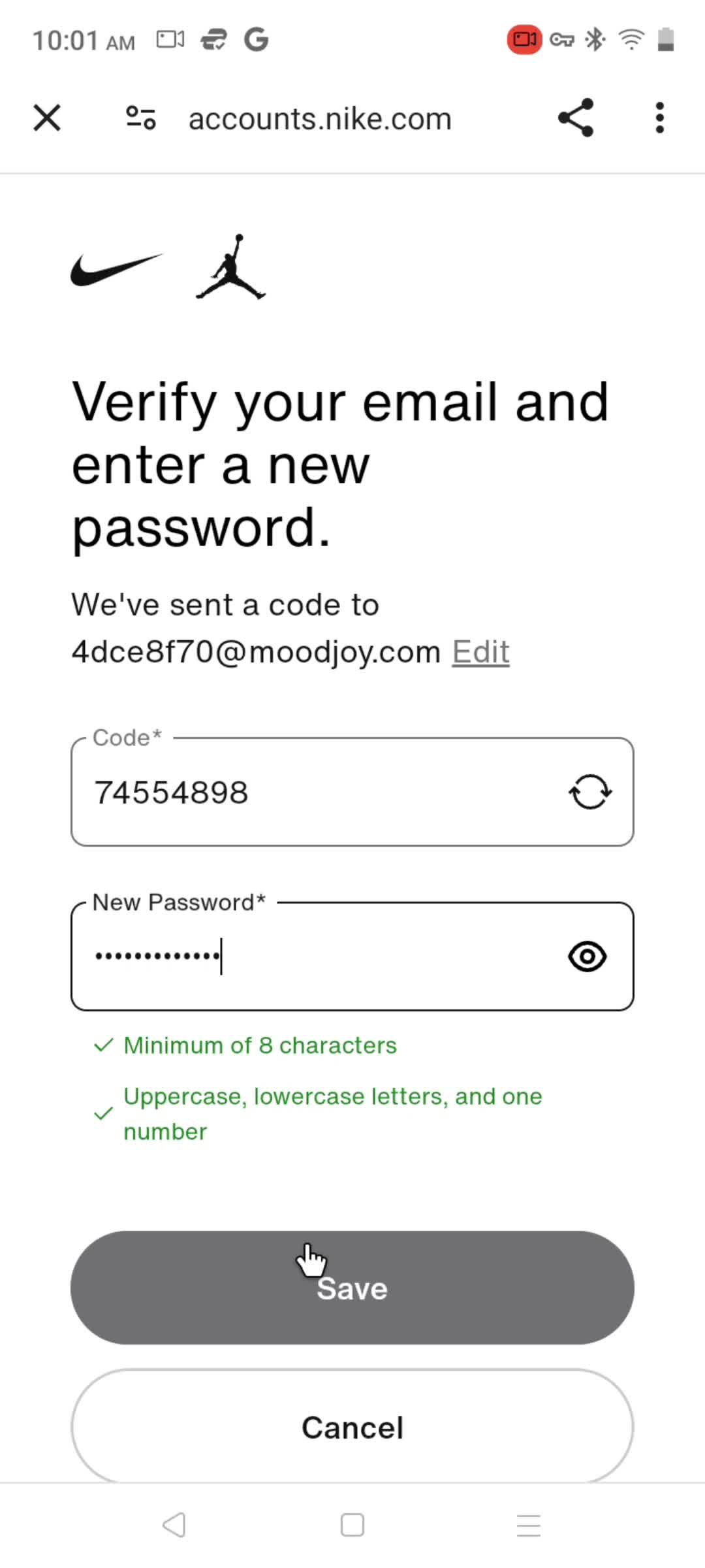 Resetting password screenshot