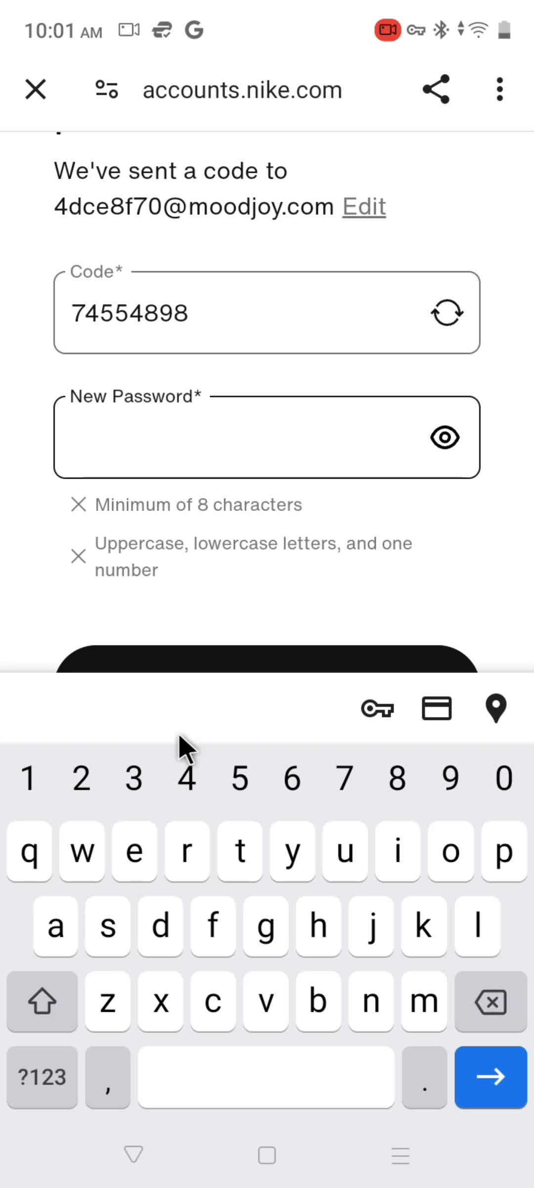 Resetting password screenshot