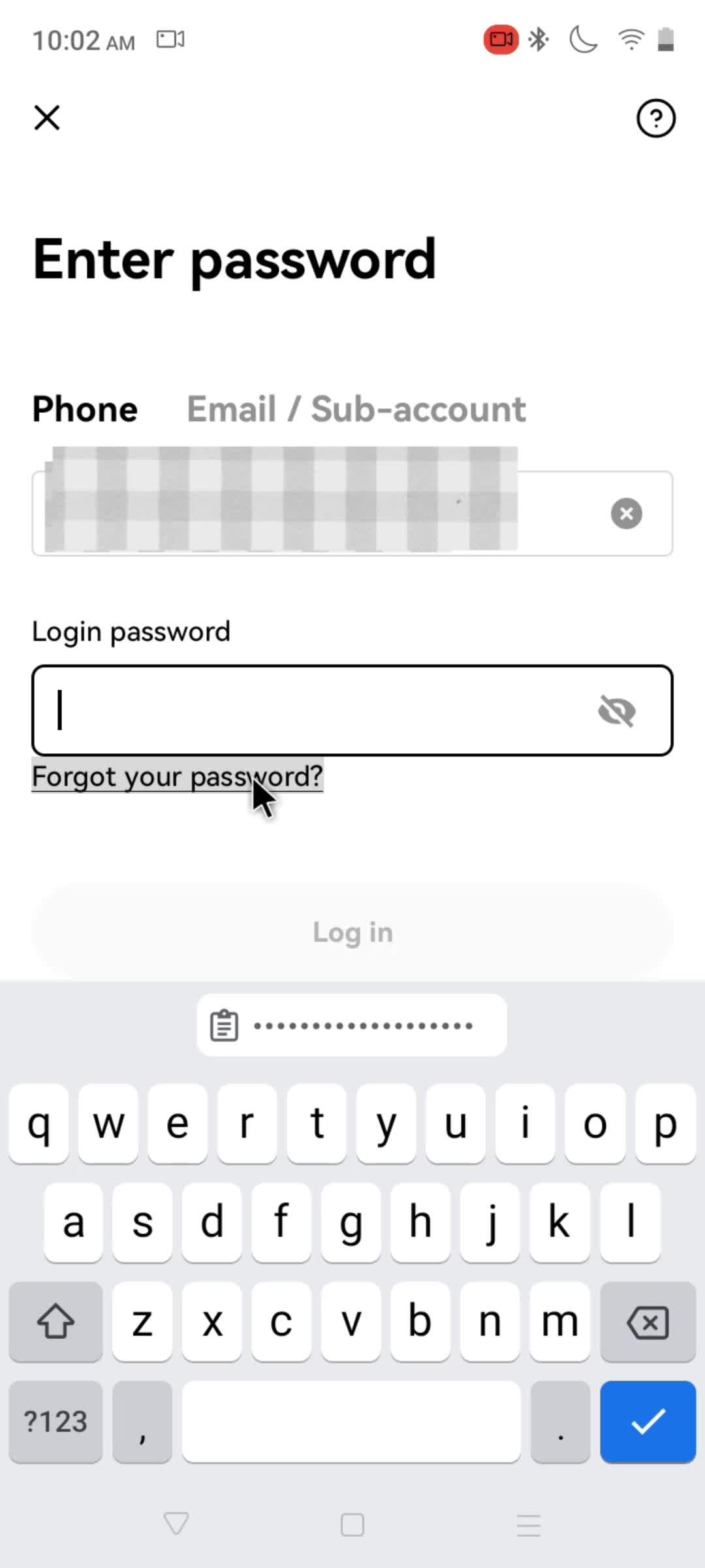 Resetting password screenshot