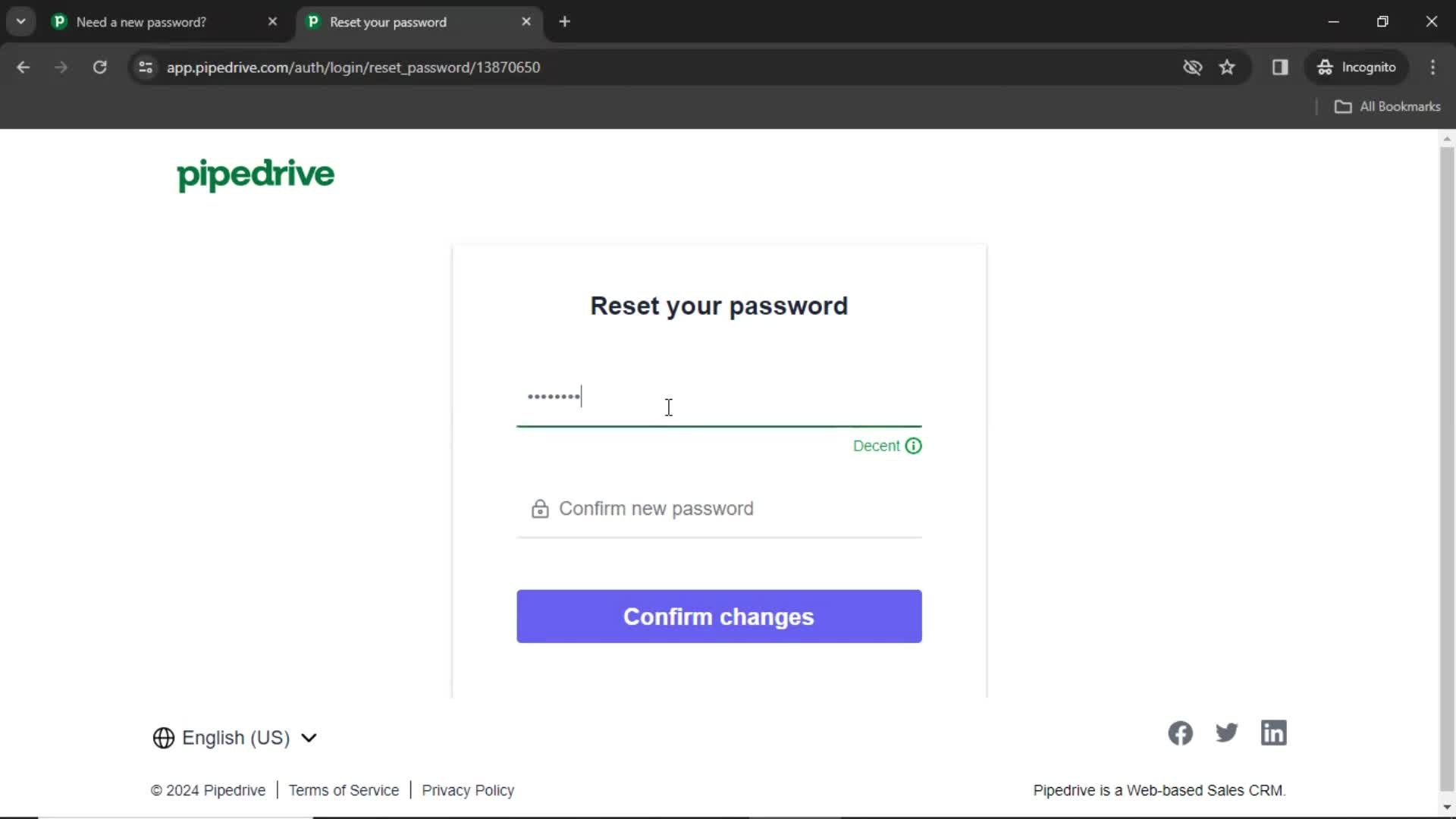 Resetting password screenshot