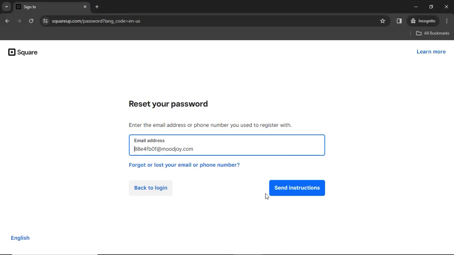 Resetting password screenshot