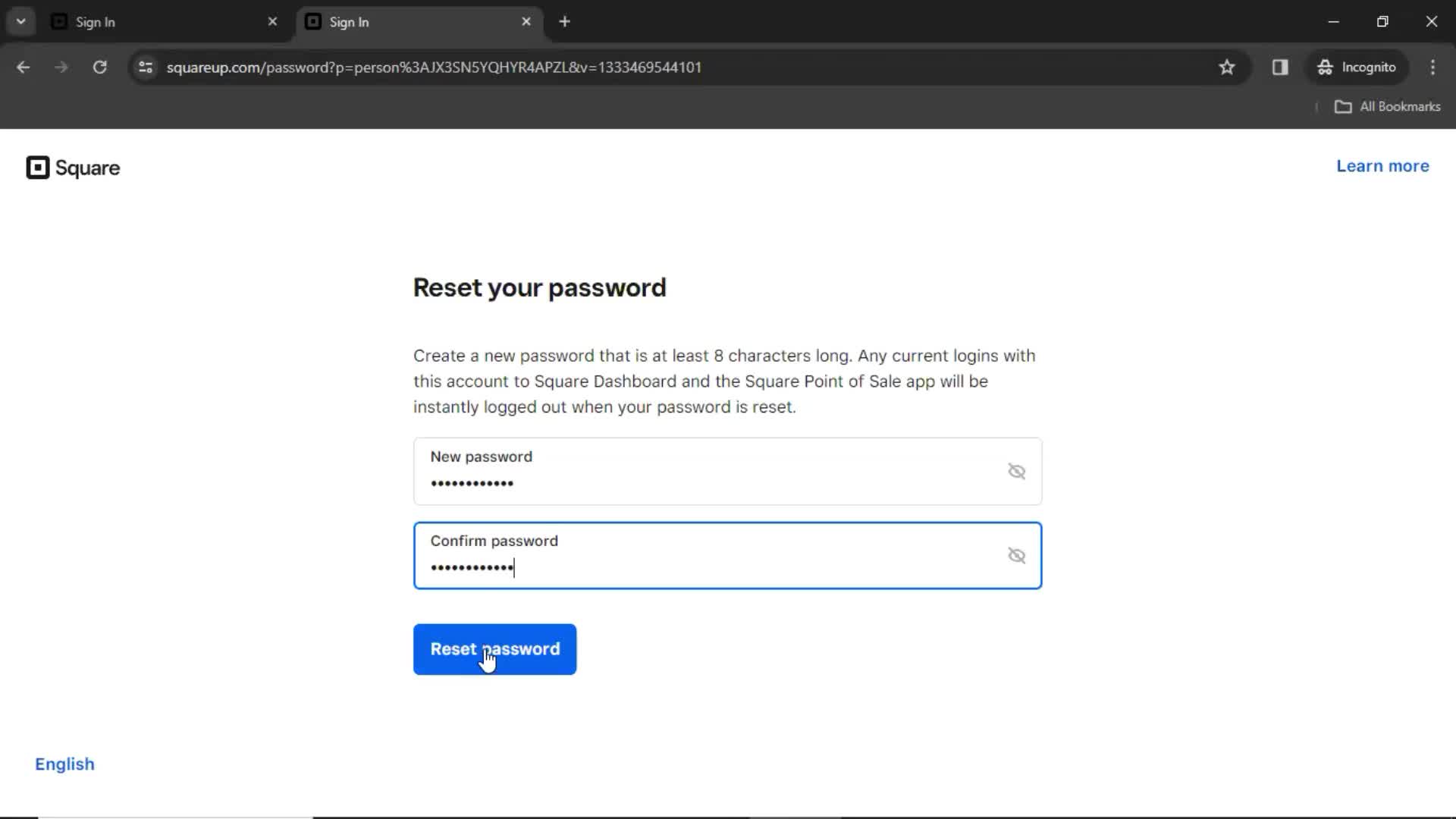 Resetting password screenshot