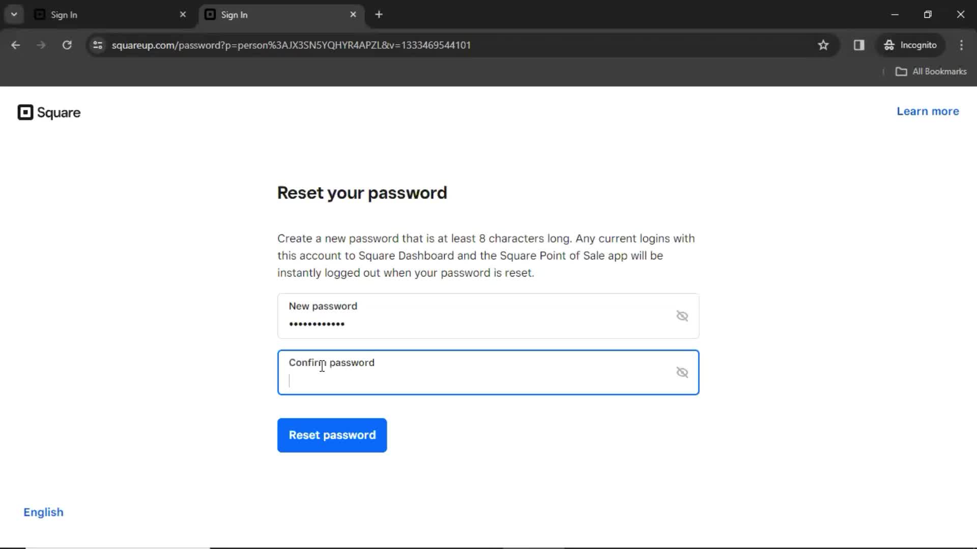 Resetting password screenshot