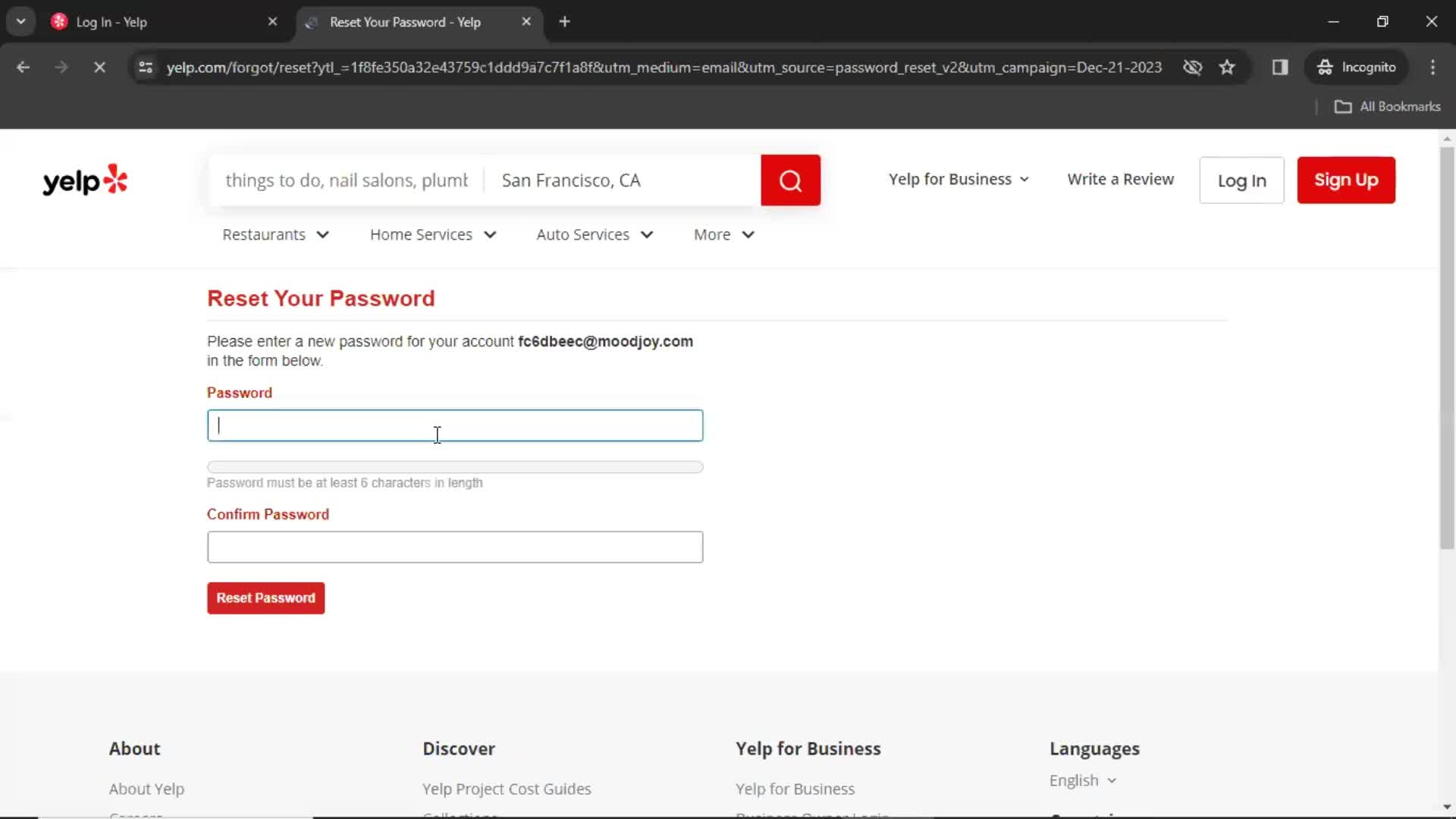 Resetting password screenshot