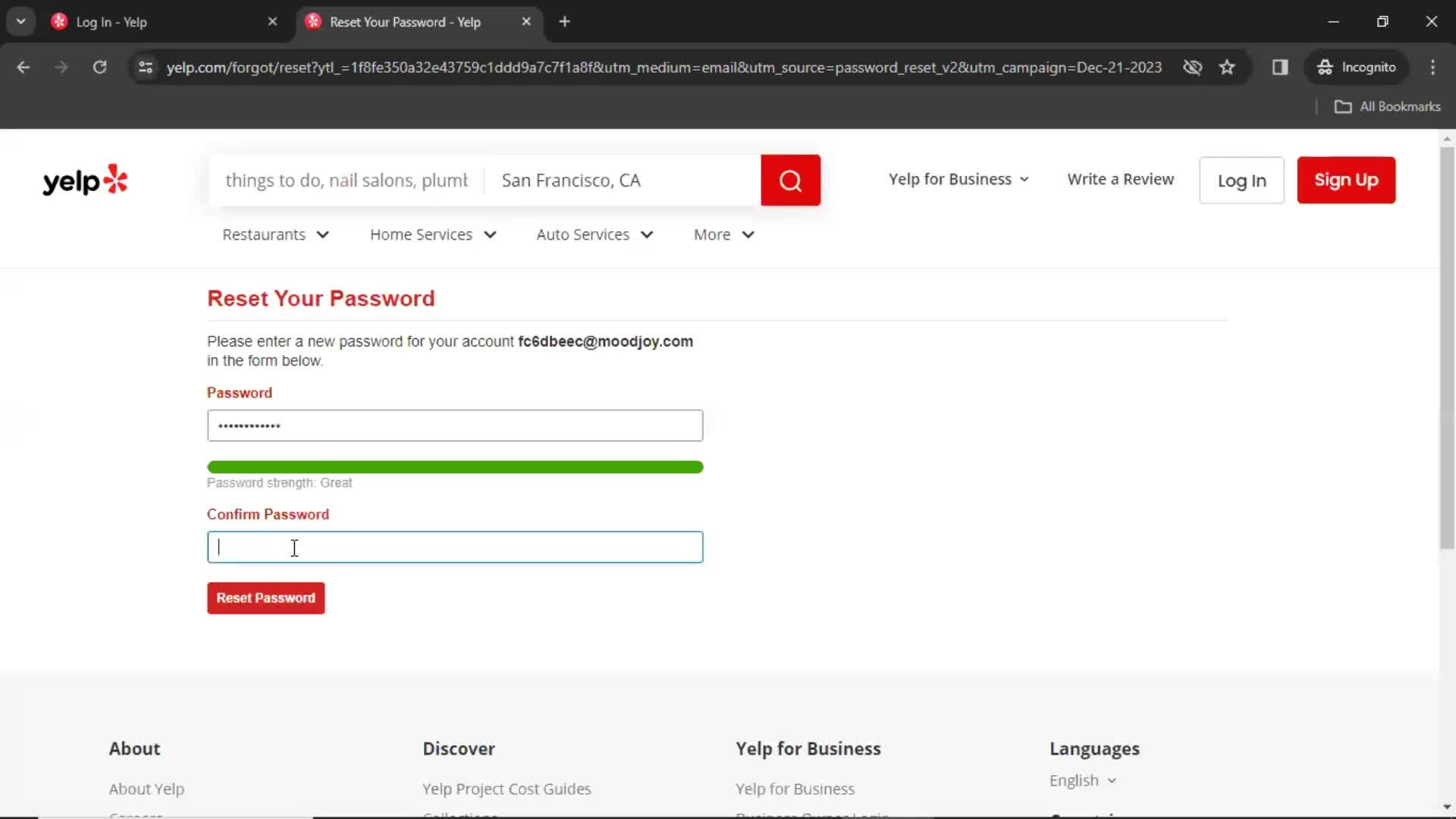 Resetting password screenshot