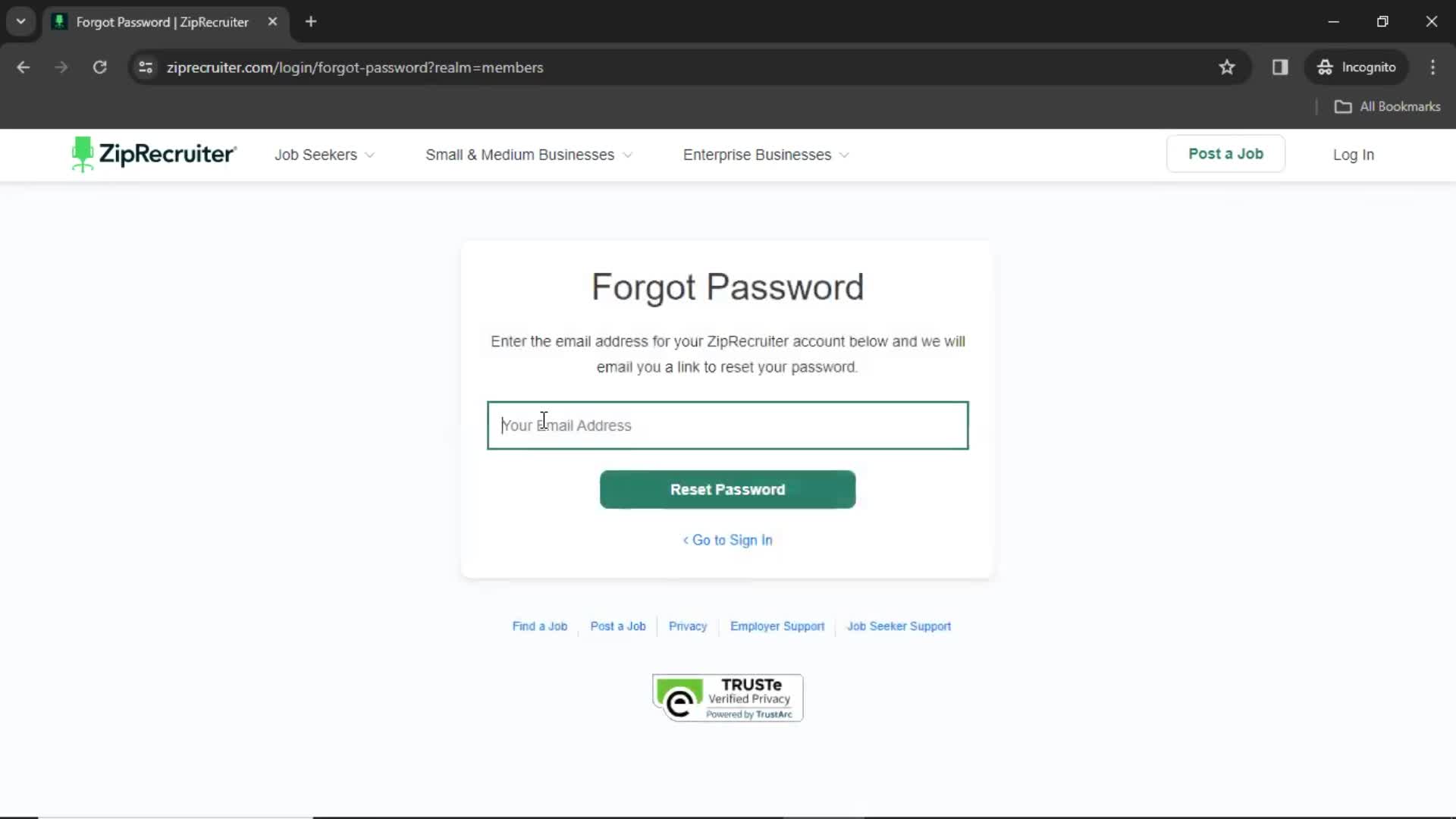 Resetting password screenshot