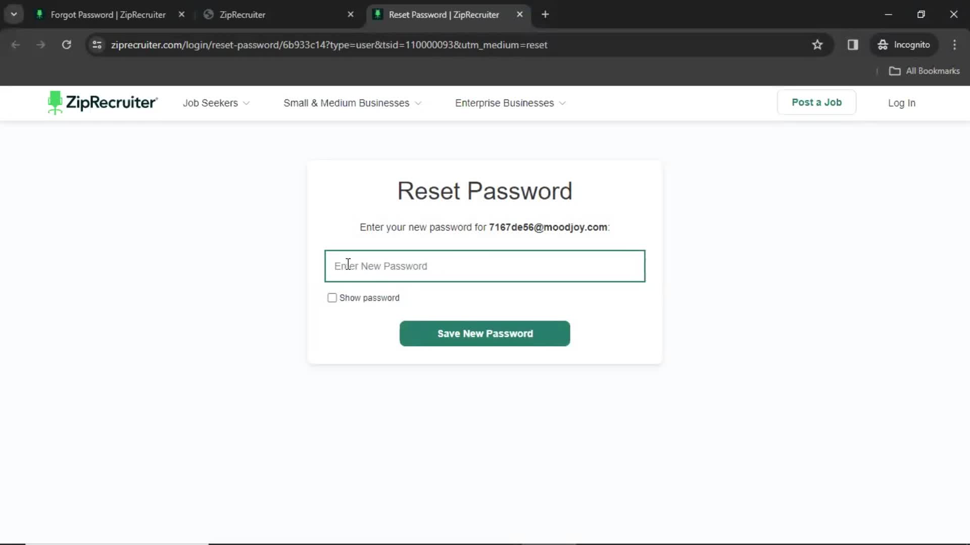 Resetting password screenshot