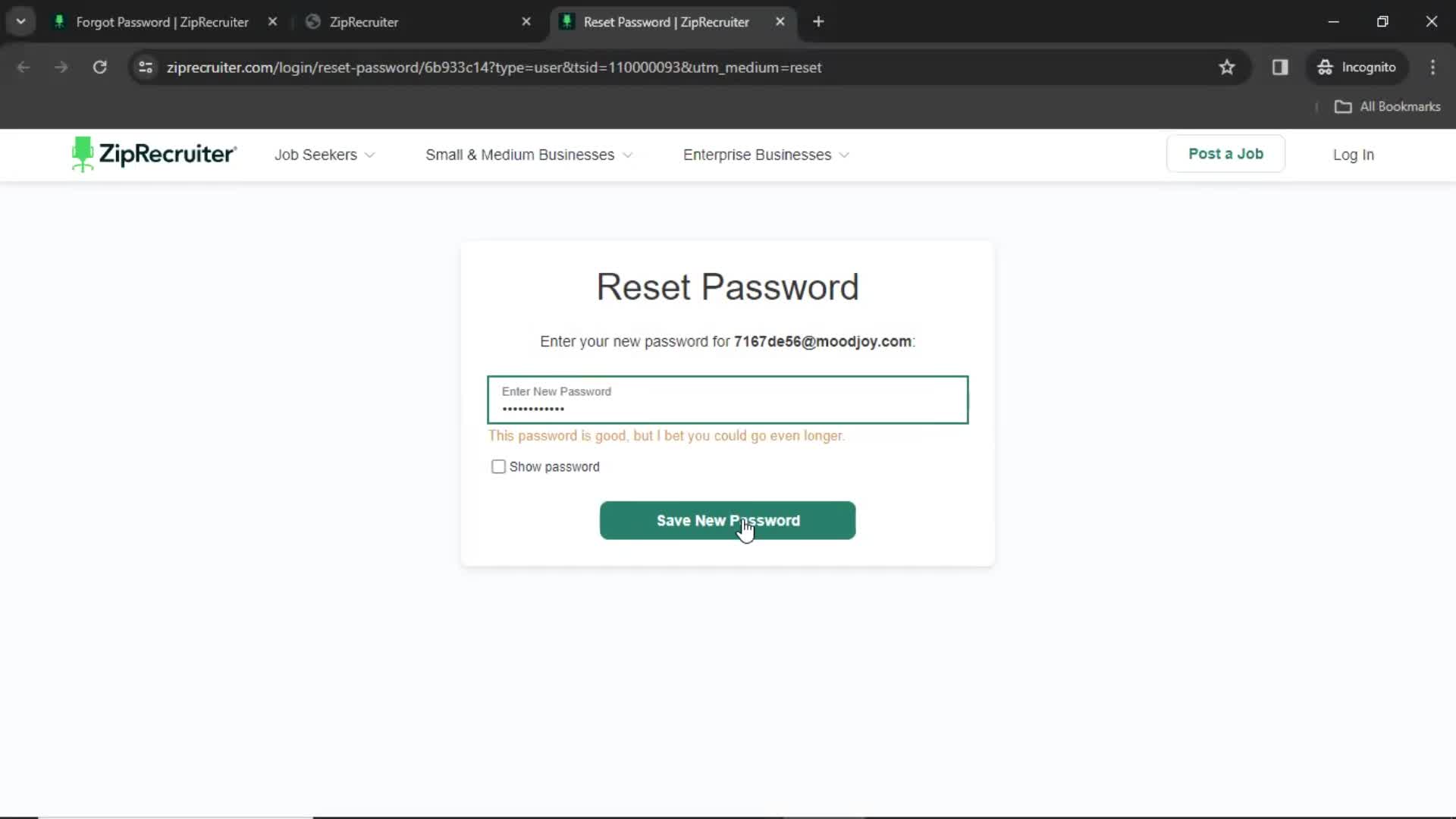 Resetting password screenshot