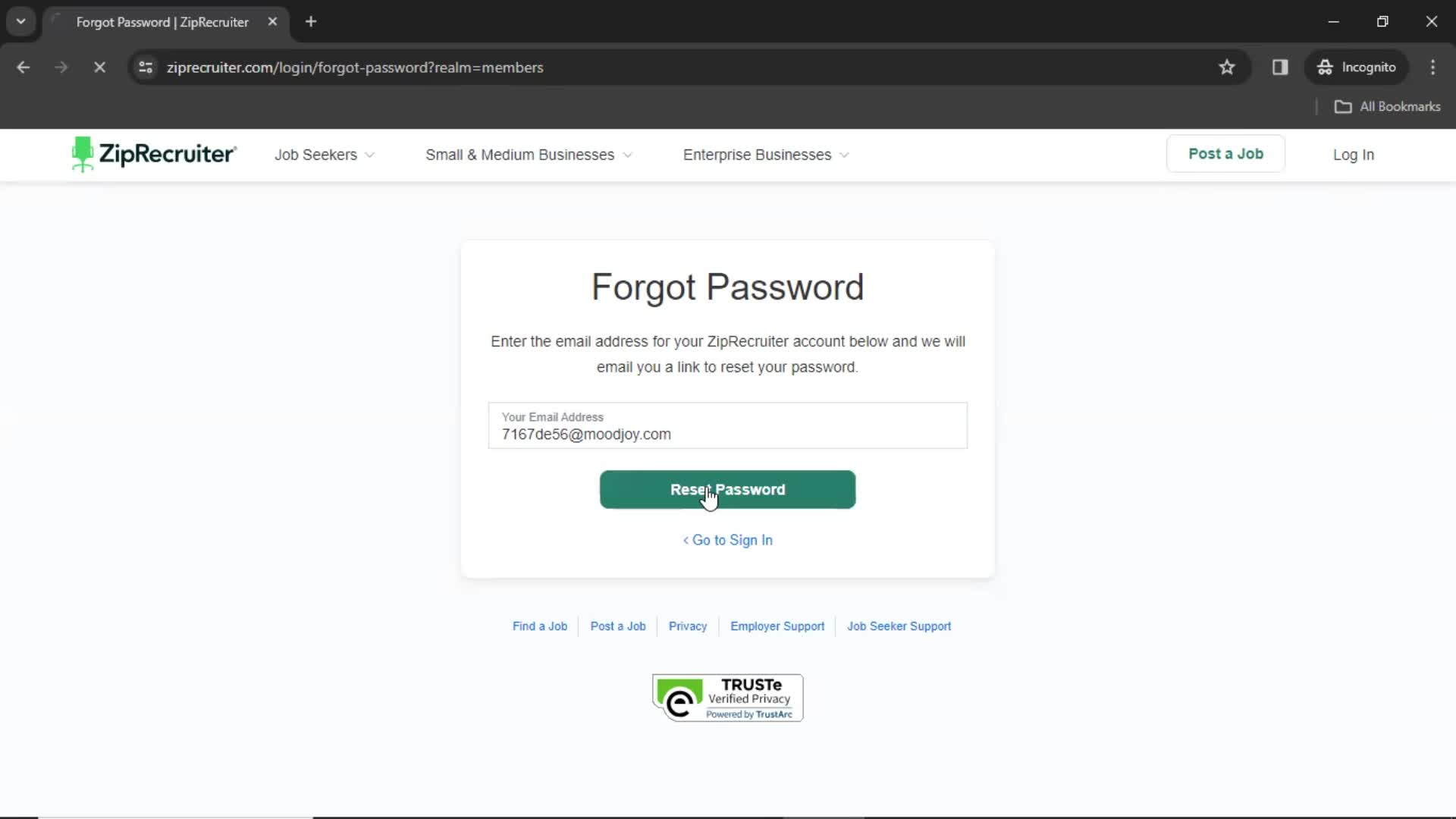 Resetting password screenshot