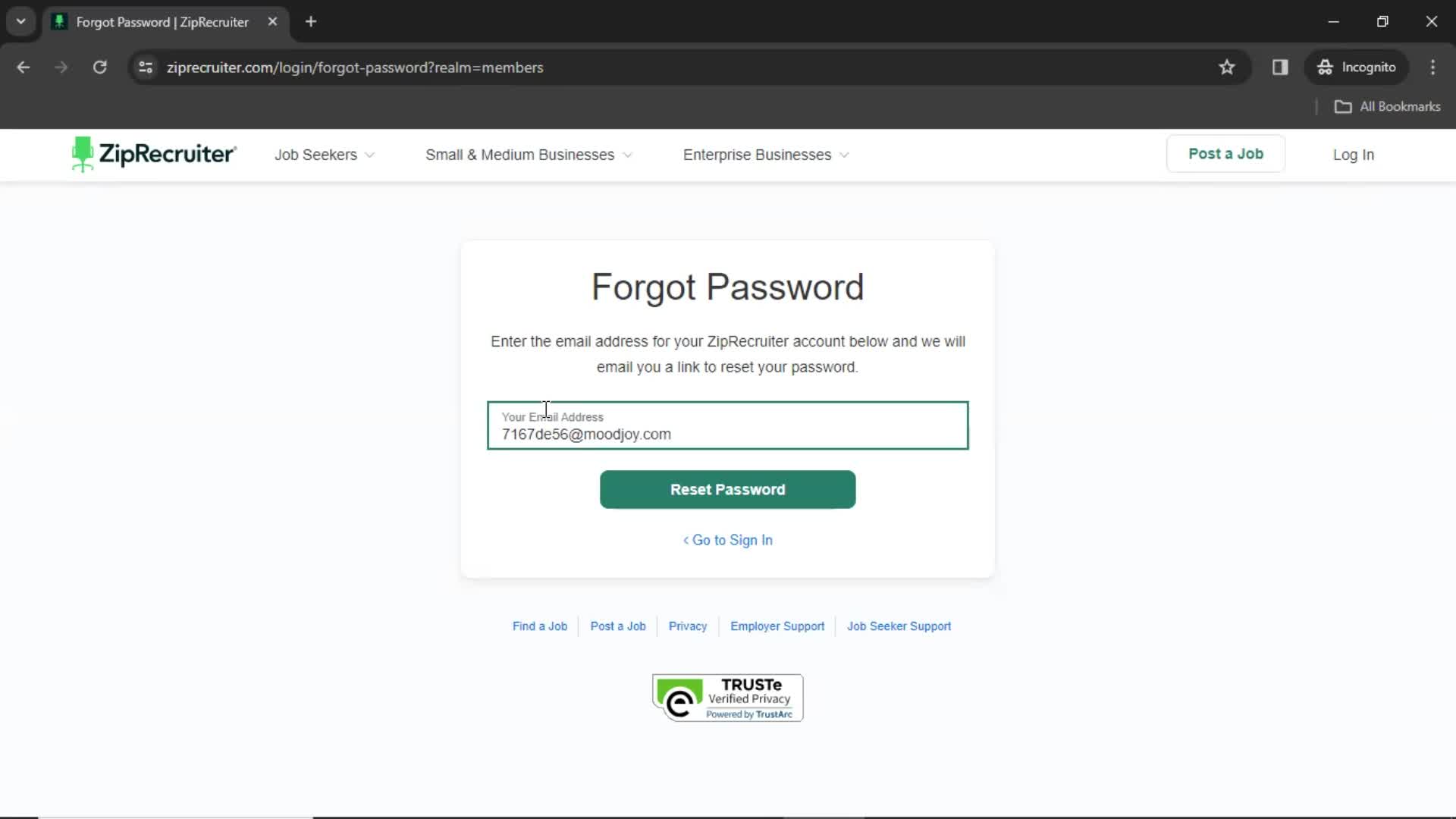 Resetting password screenshot