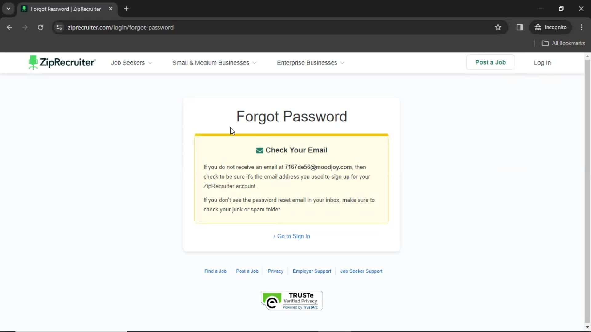 Resetting password screenshot