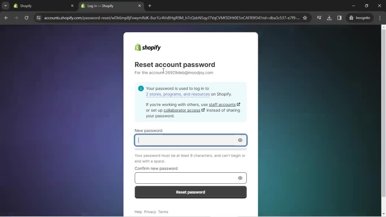 Resetting password screenshot