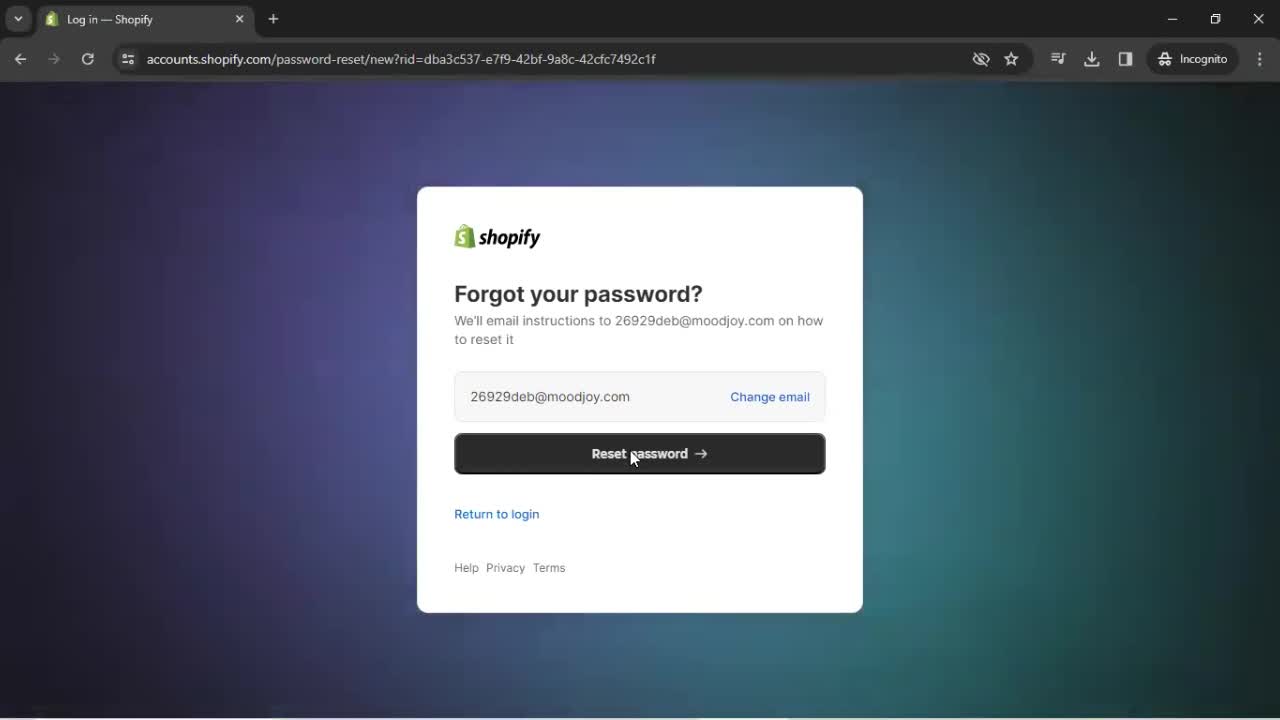 Resetting password screenshot