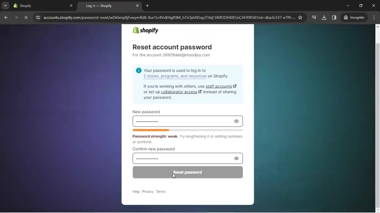 Resetting password screenshot