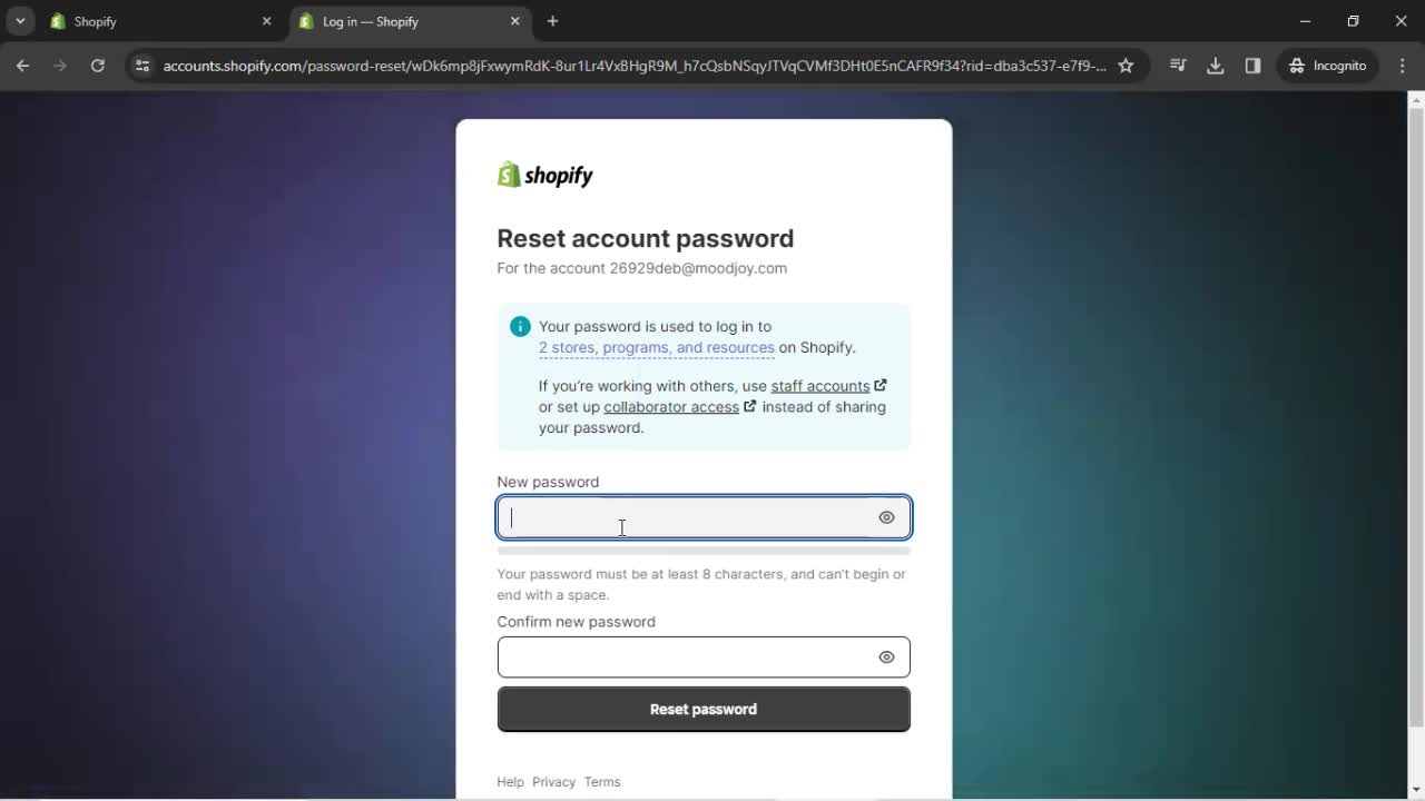 Resetting password screenshot