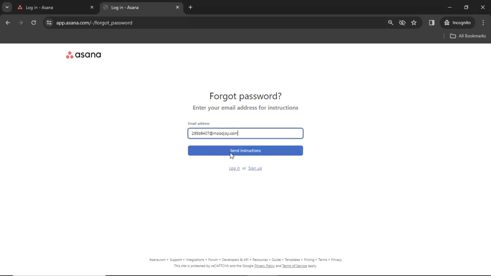 Resetting password screenshot