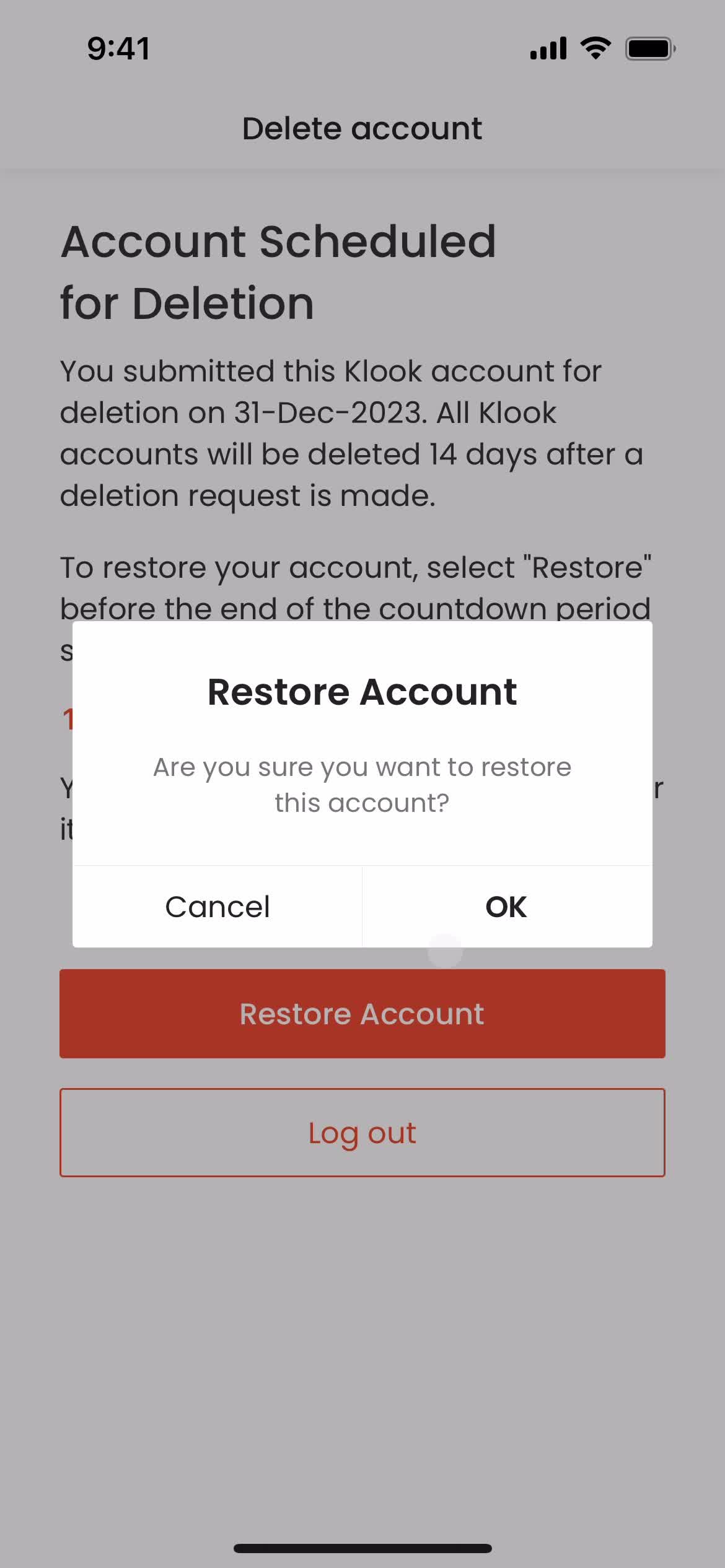 Restoring your account screenshot