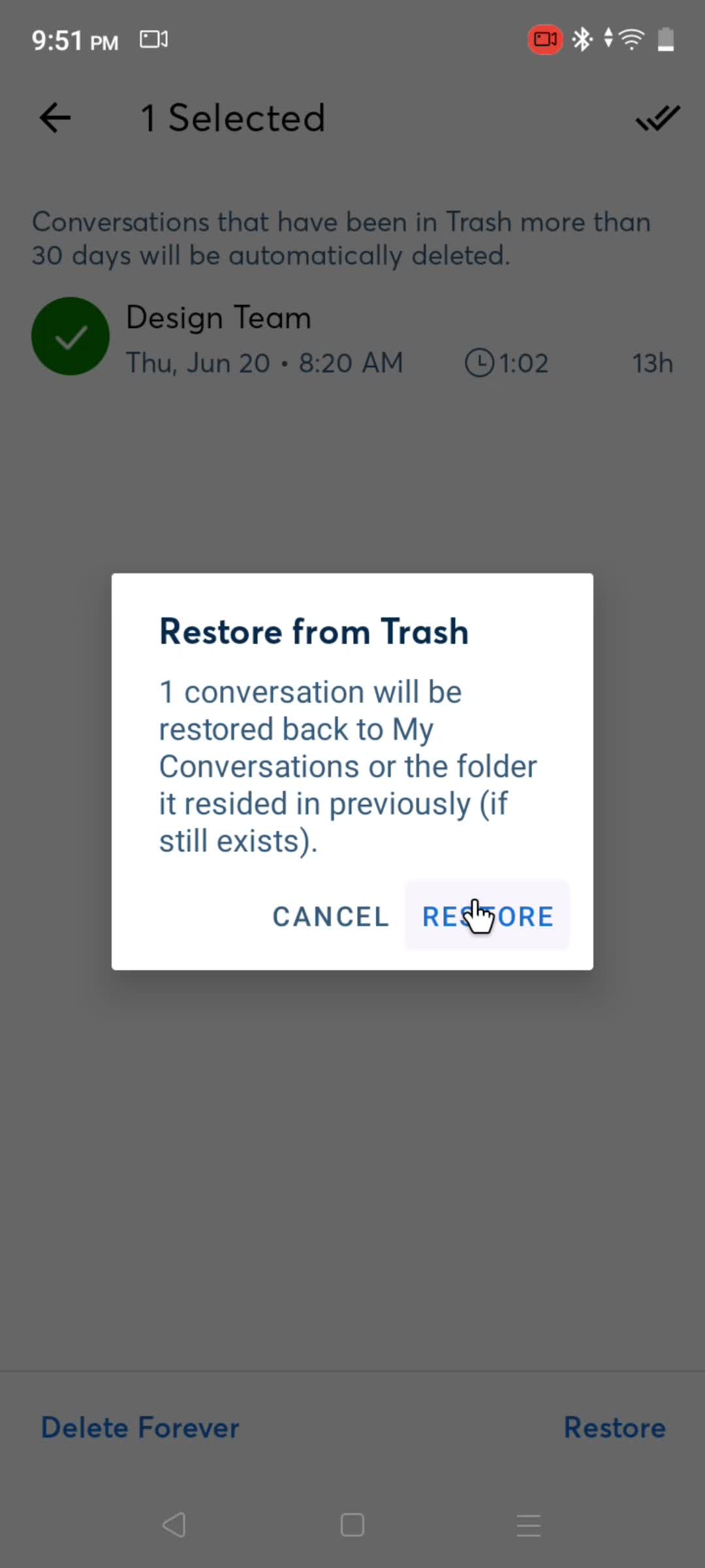 Restoring deleted conversation screenshot