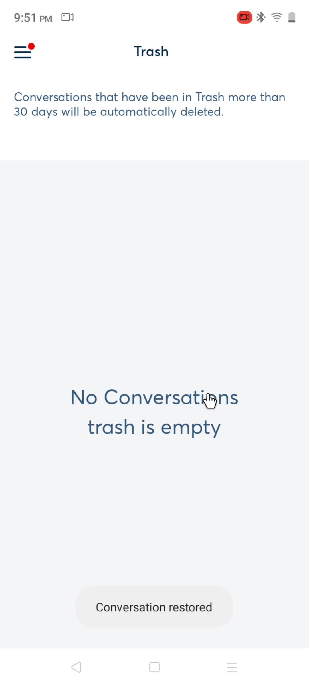 Restoring deleted conversation screenshot