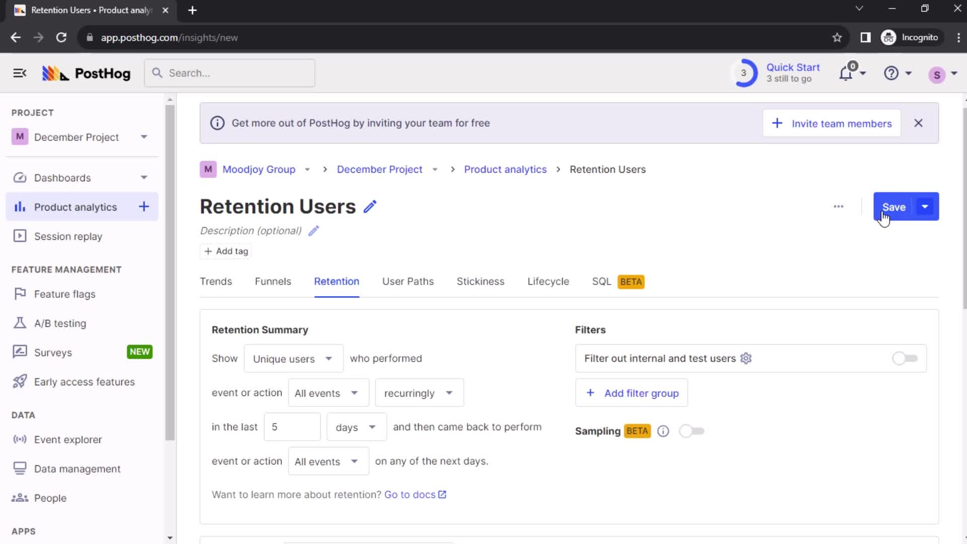 Creating a retention insight screenshot