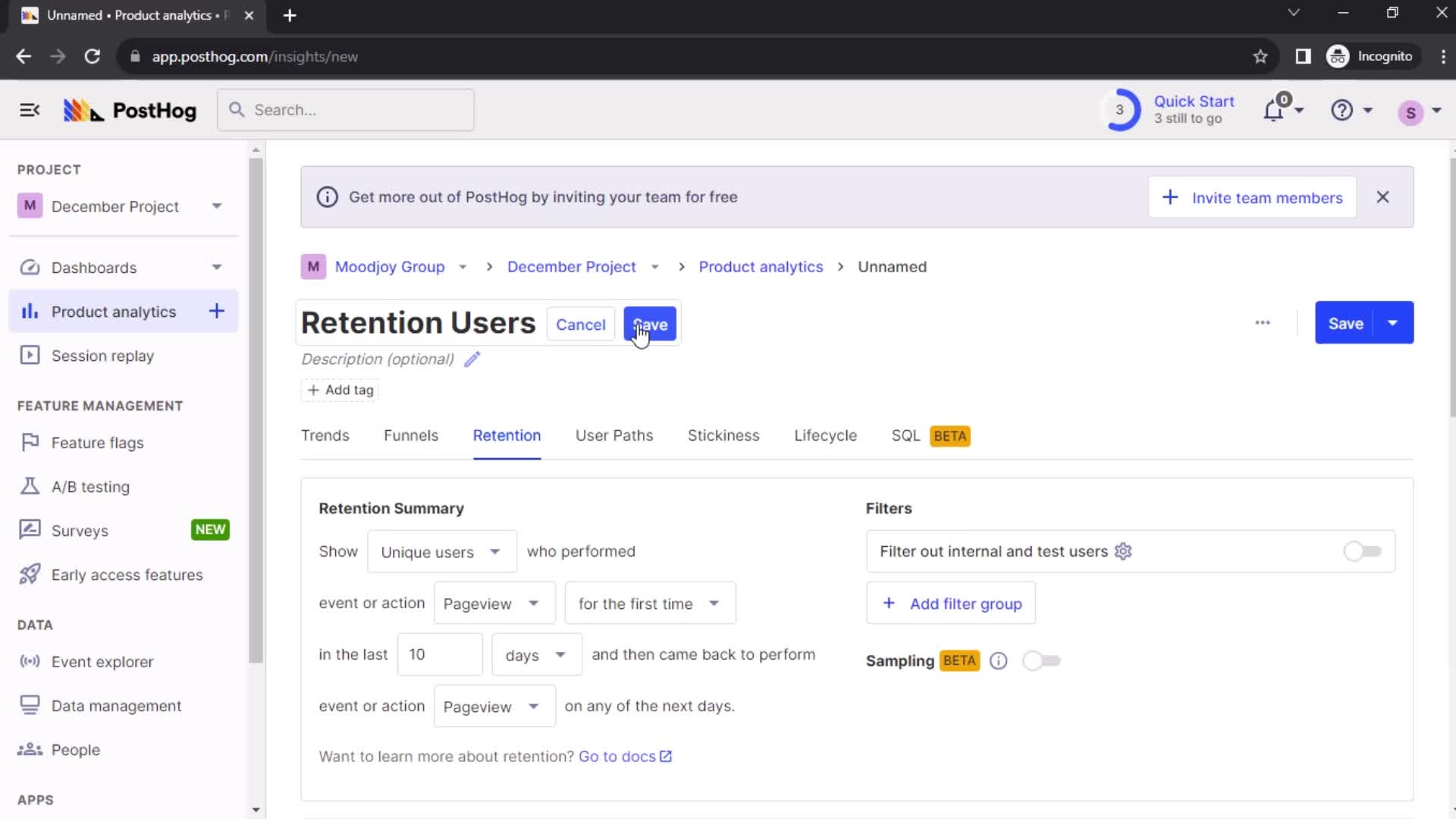 Creating a retention insight screenshot