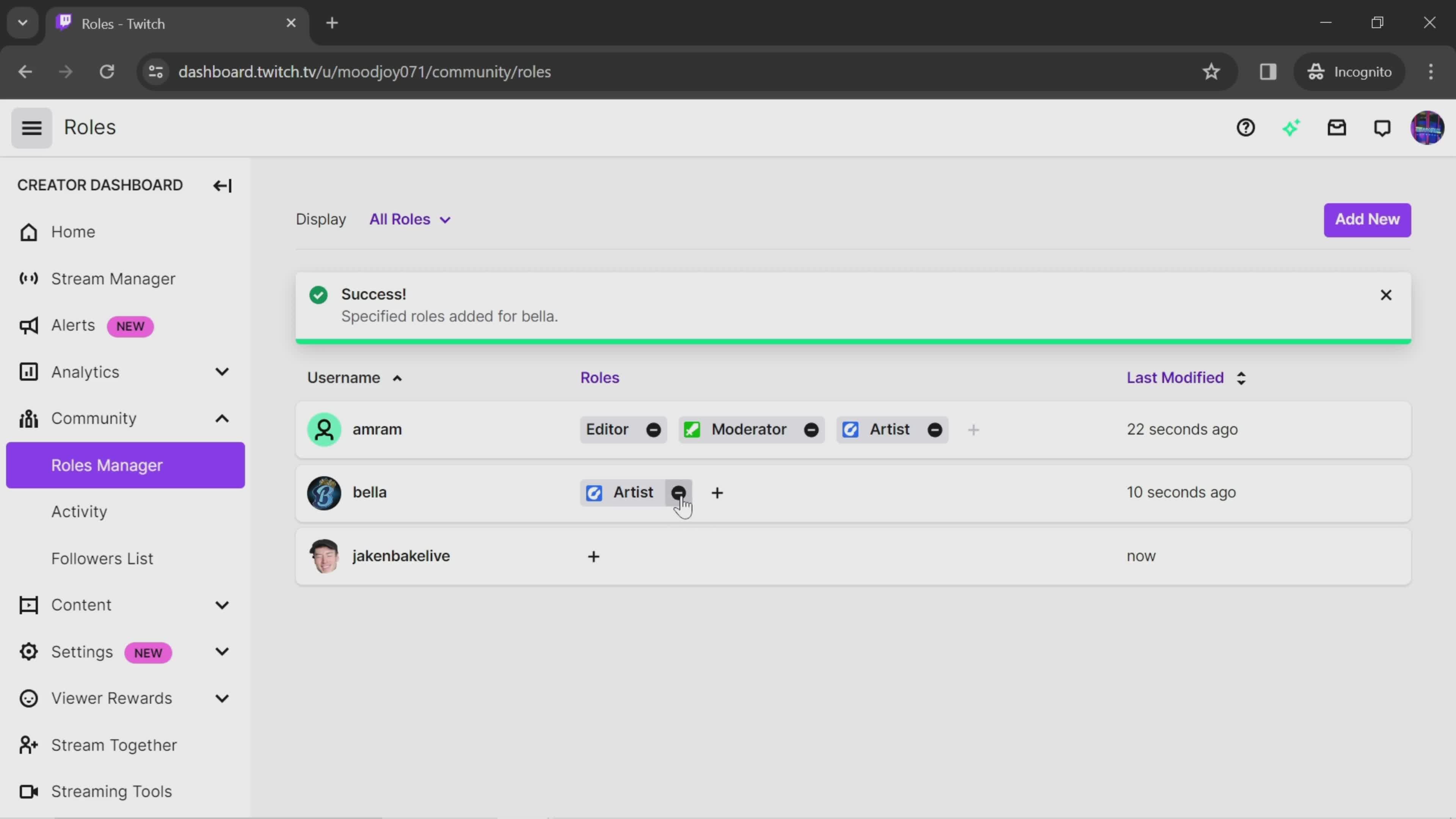 Managing roles screenshot