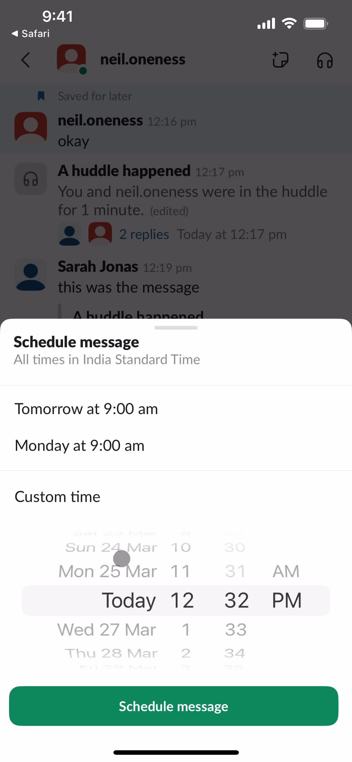 Scheduling a message screenshot