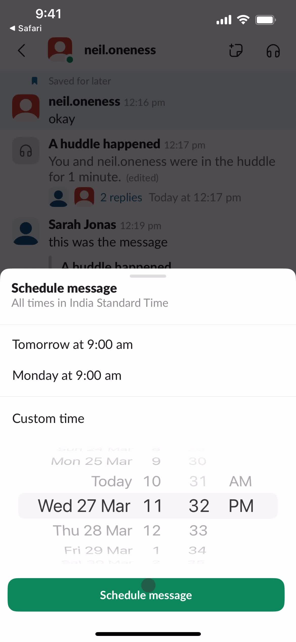 Scheduling a message screenshot