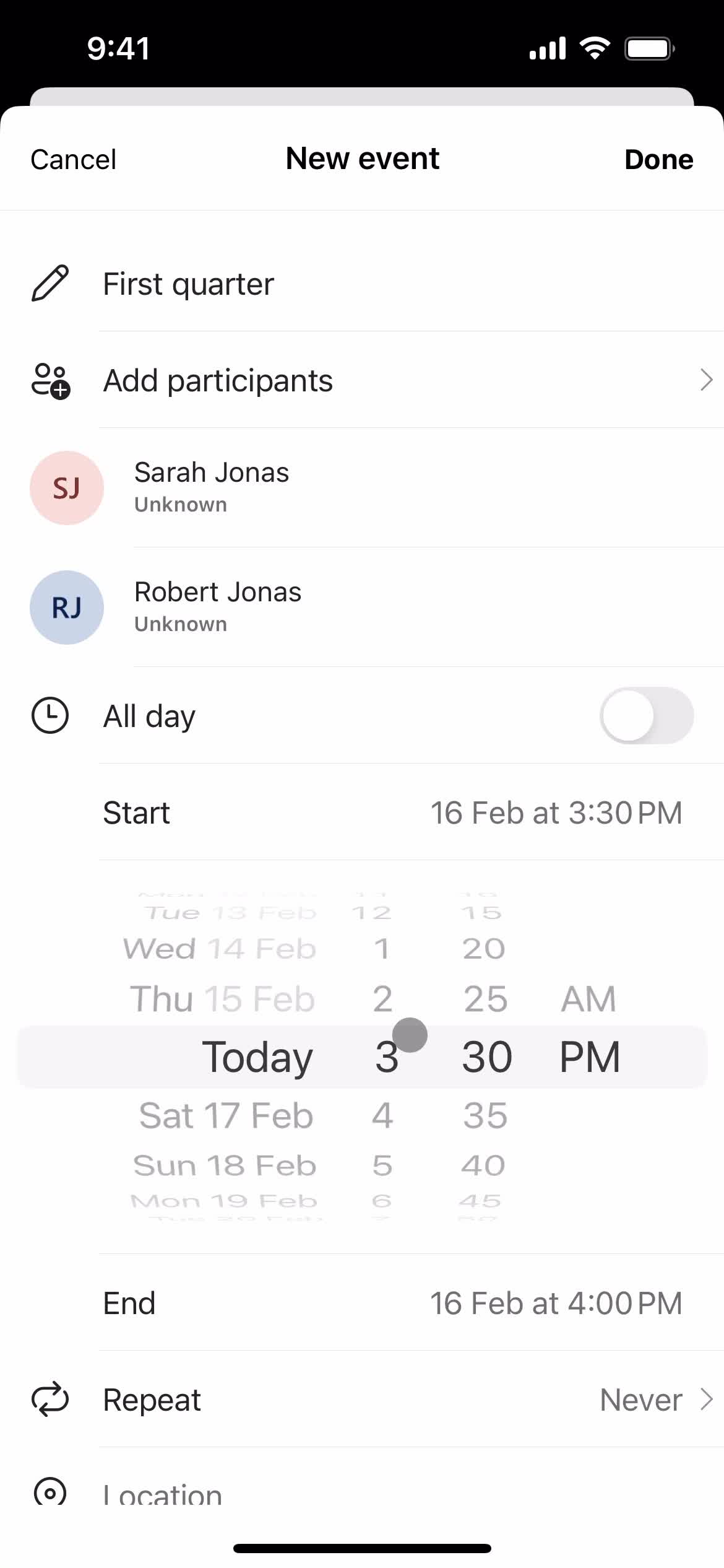 Scheduling an event screenshot