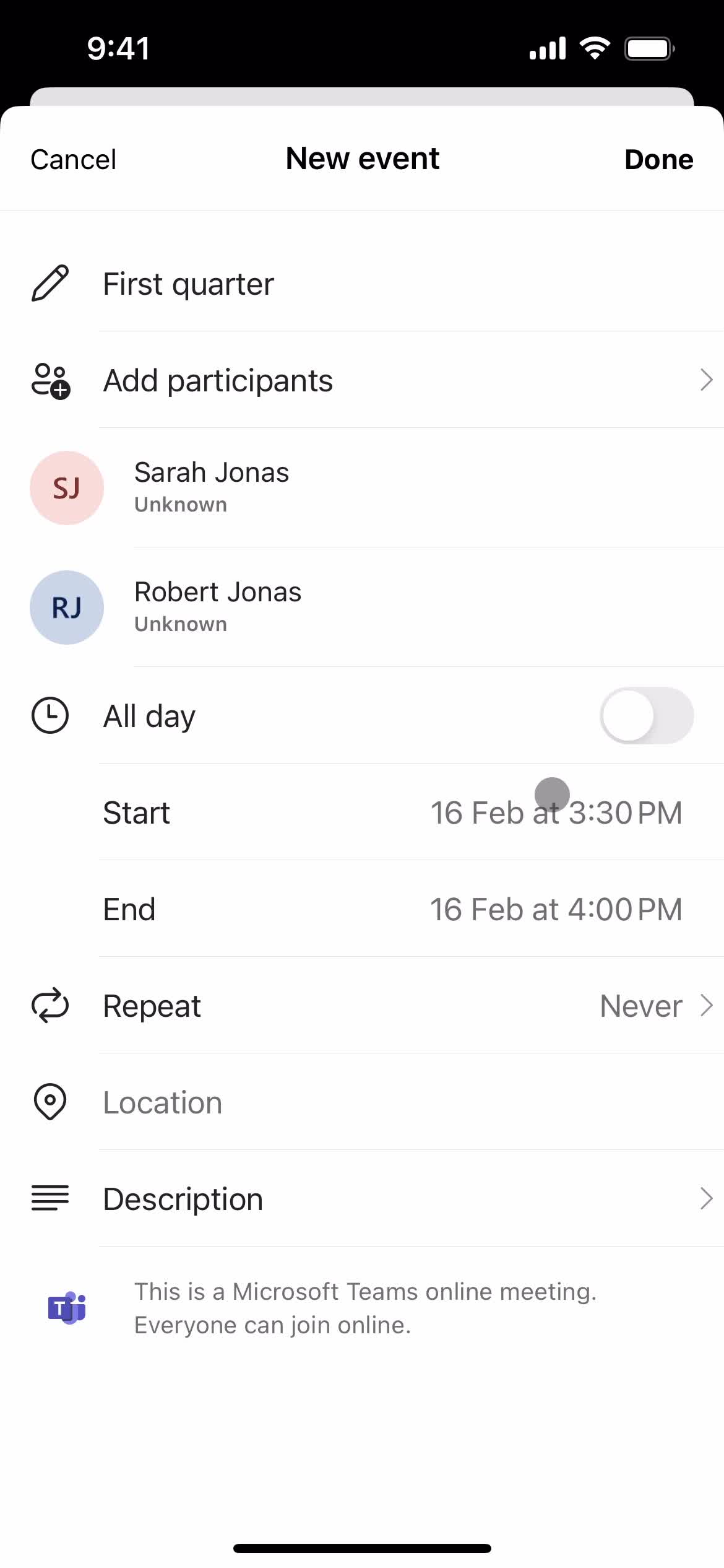 Scheduling an event screenshot