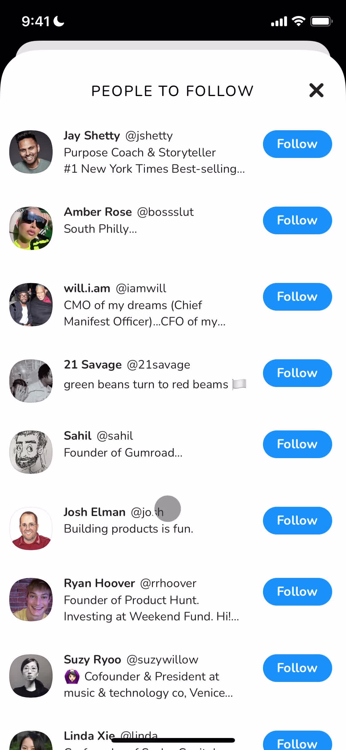 Screenshot of Follow people on Searching on Clubhouse user flow