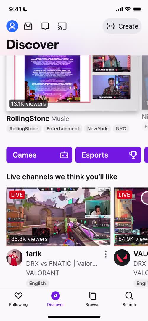 Screenshot of Discover on Searching on Twitch user flow