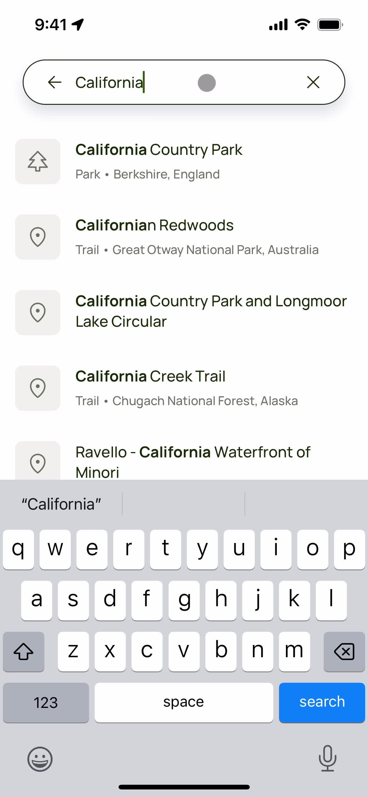 Screenshot of Search results on Searching on AllTrails user flow