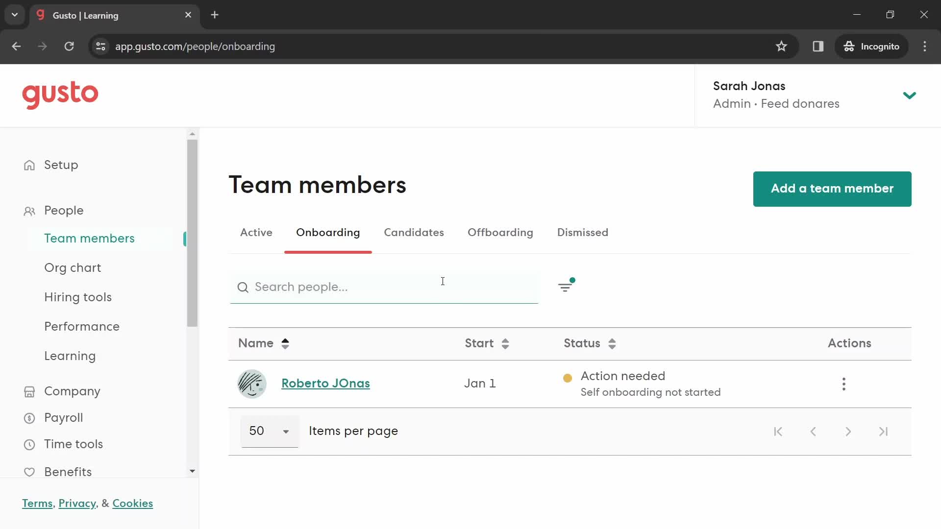 Screenshot of Team members on Searching on Gusto user flow