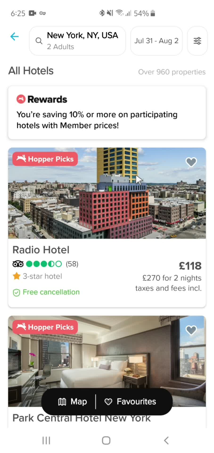 Finding hotels screenshot