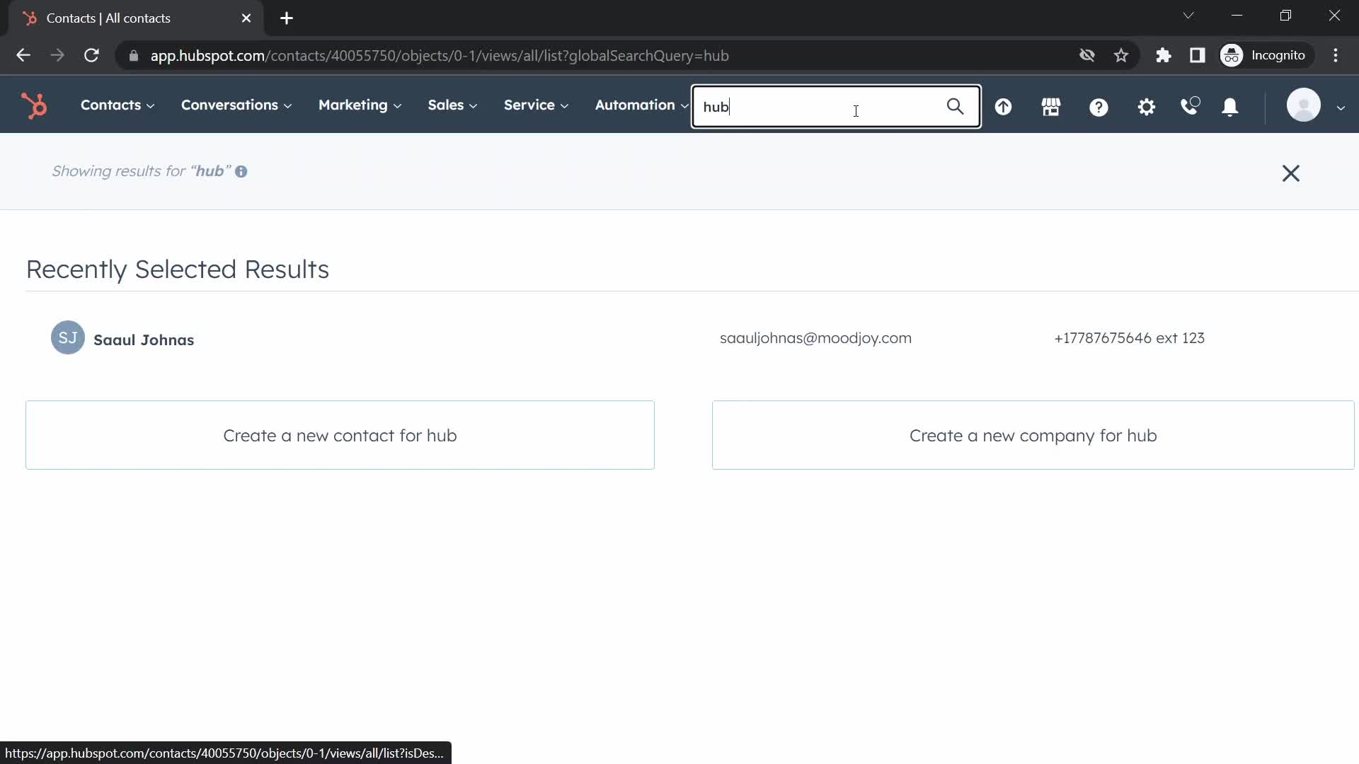 Screenshot of Search on Searching on HubSpot CRM user flow