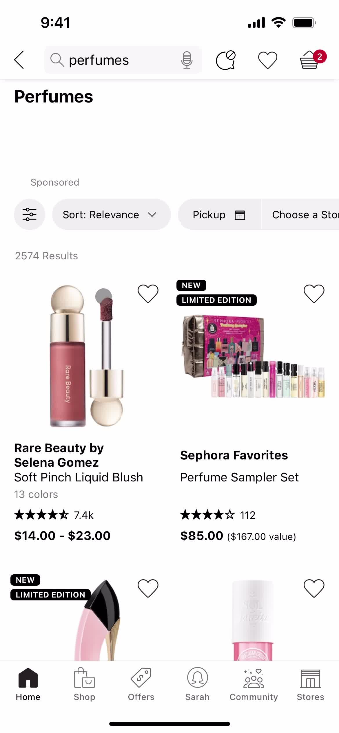 Screenshot of Search results on Searching on Sephora user flow