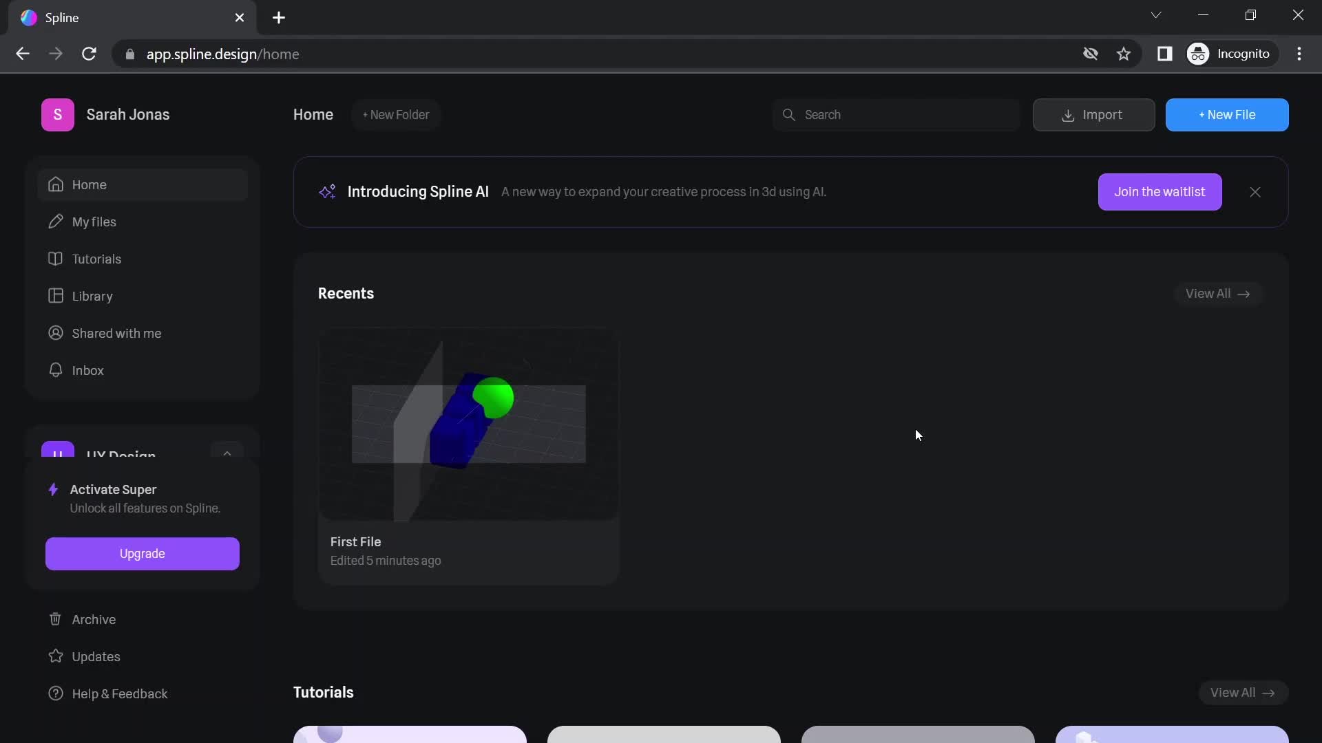 Screenshot of Home on Searching on Spline user flow