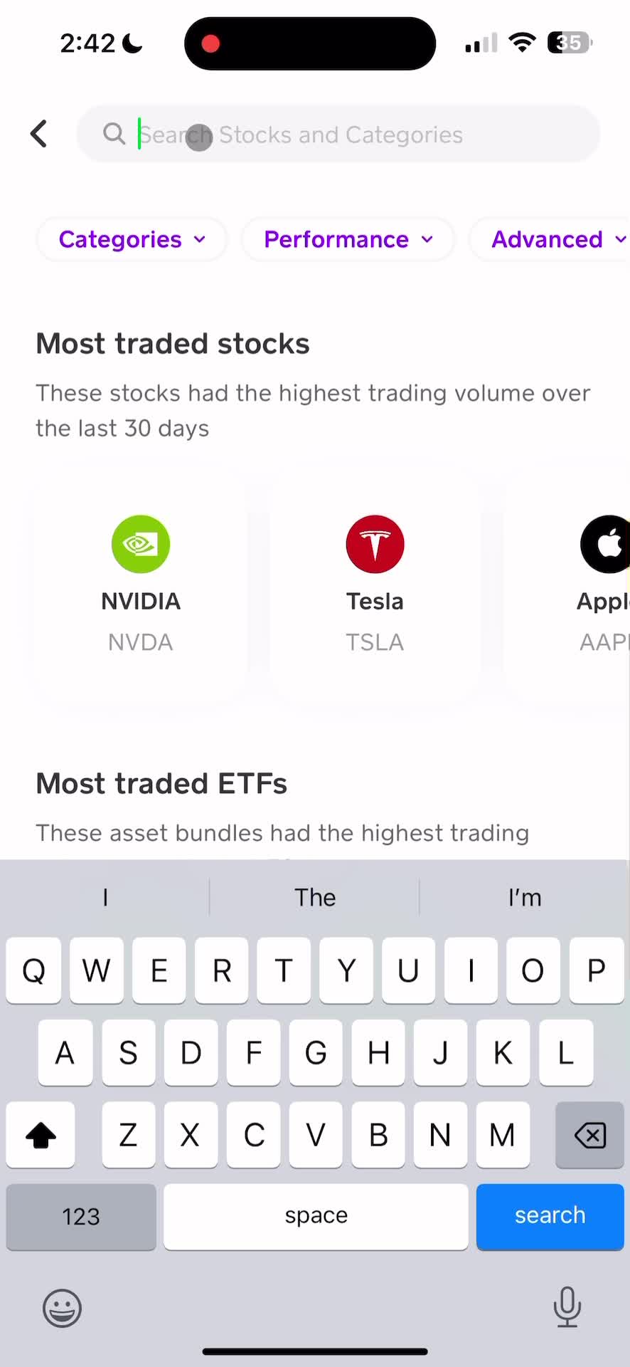 Searching stocks screenshot