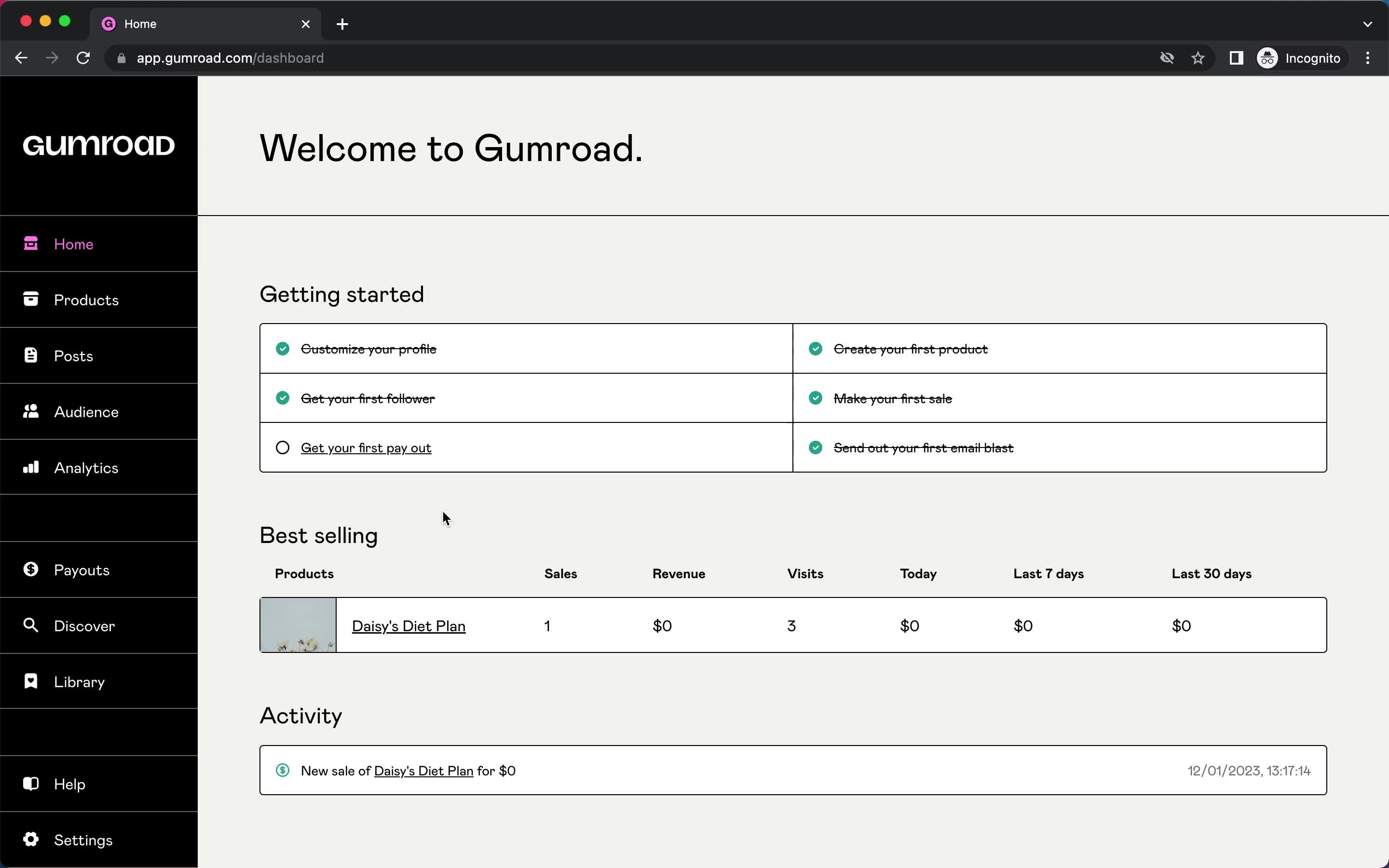 Screenshot of Home on Adding a product on Gumroad user flow