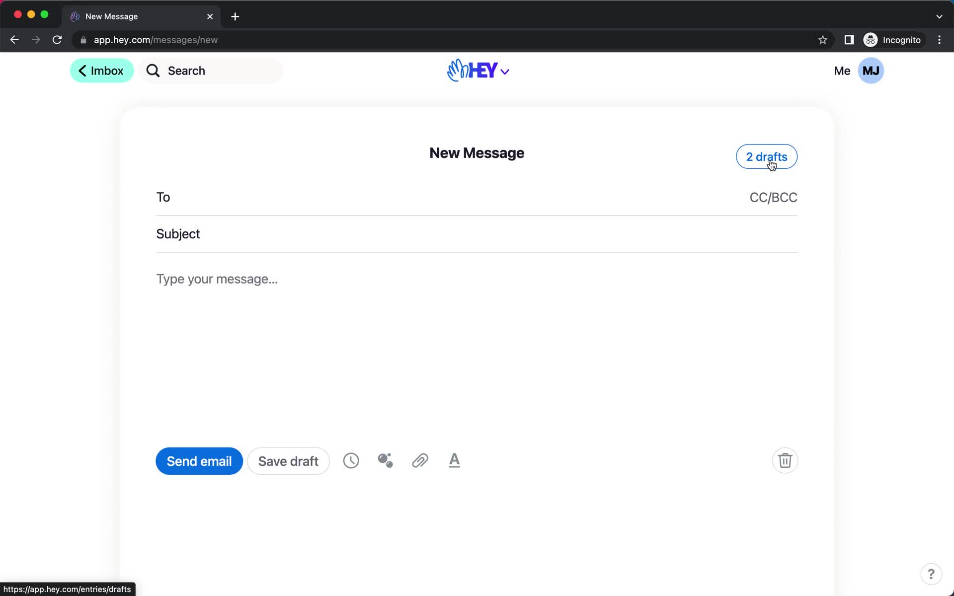 Screenshot of Compose email on Sending on Hey user flow