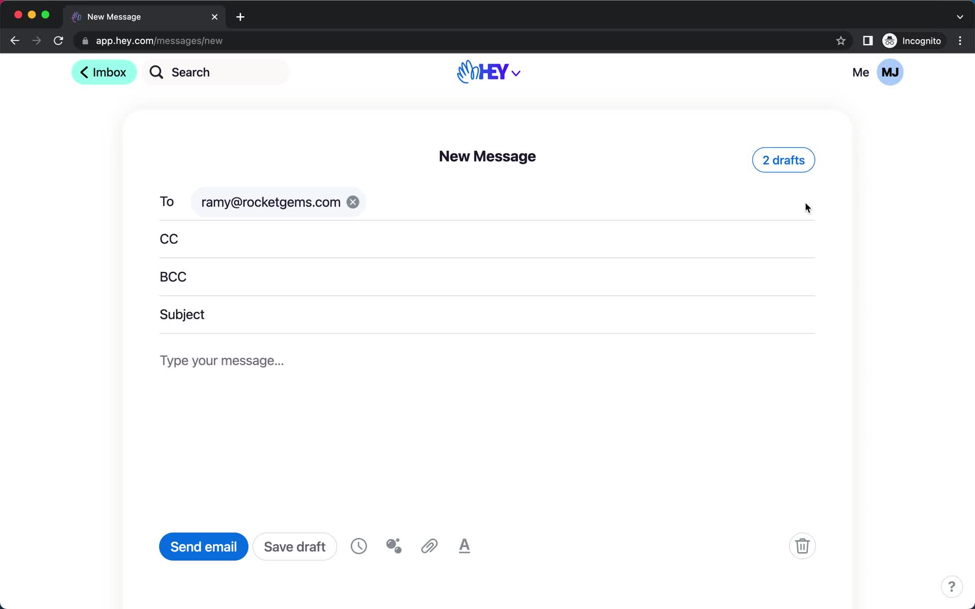 Screenshot of Add subject on Sending on Hey user flow