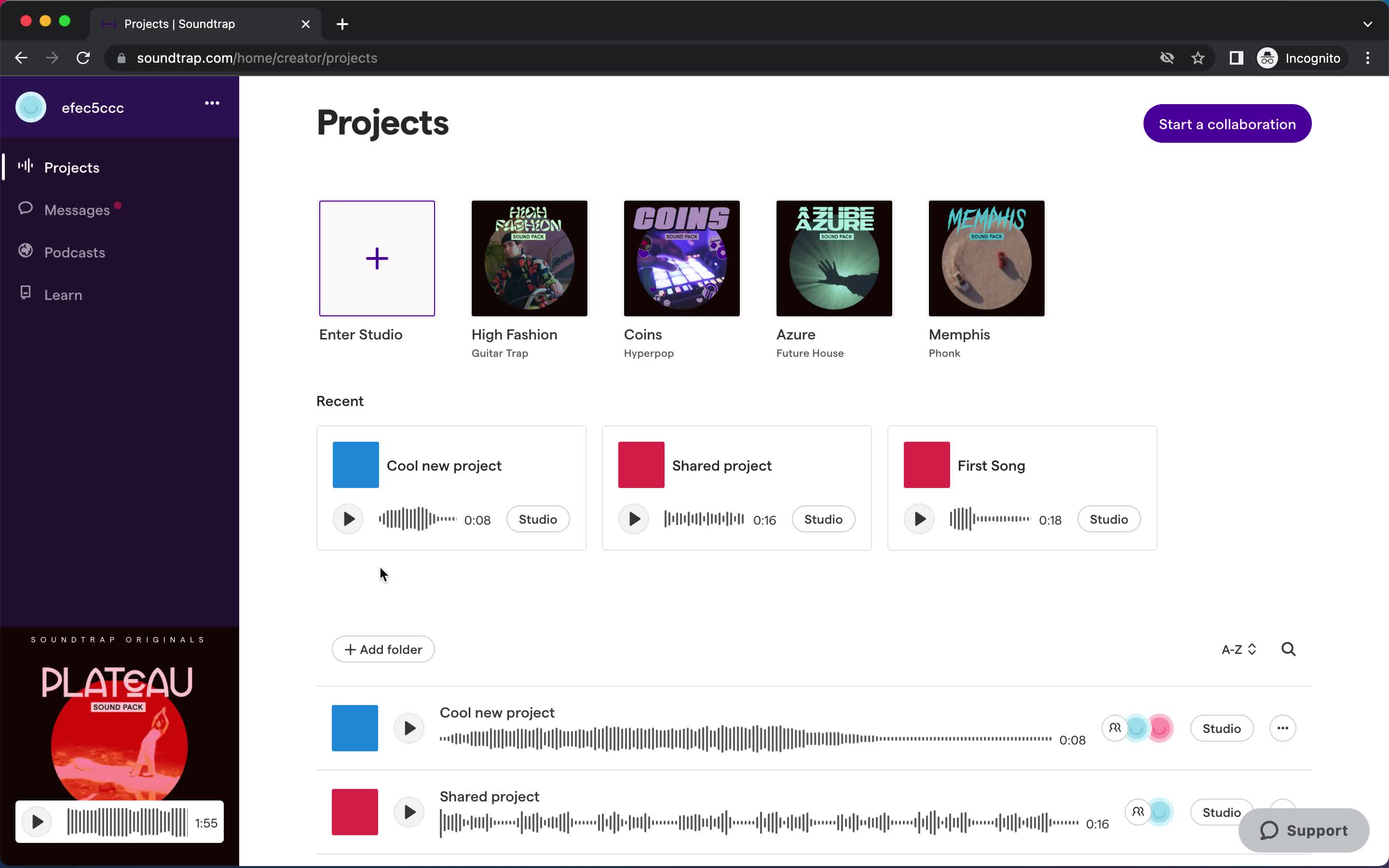 Screenshot of Projects on Sending Messages on Soundtrap user flow