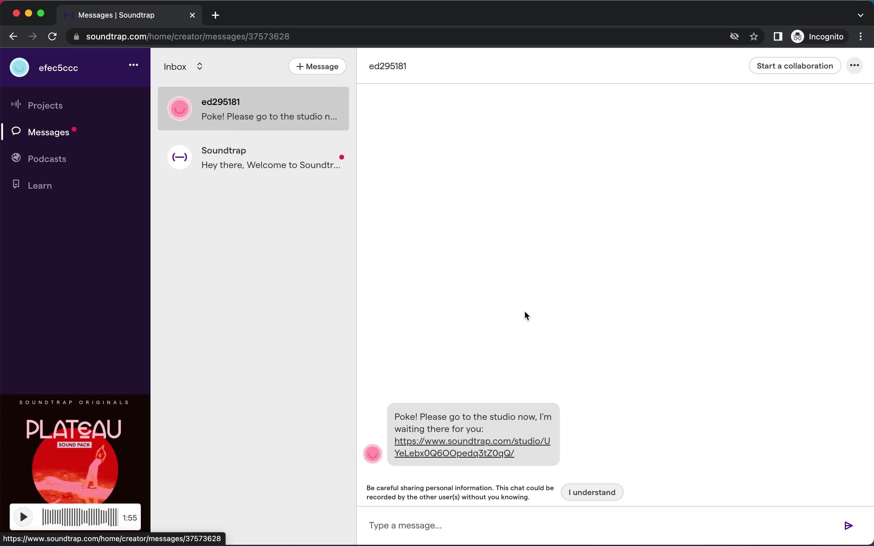 Screenshot of Chat on Sending Messages on Soundtrap user flow