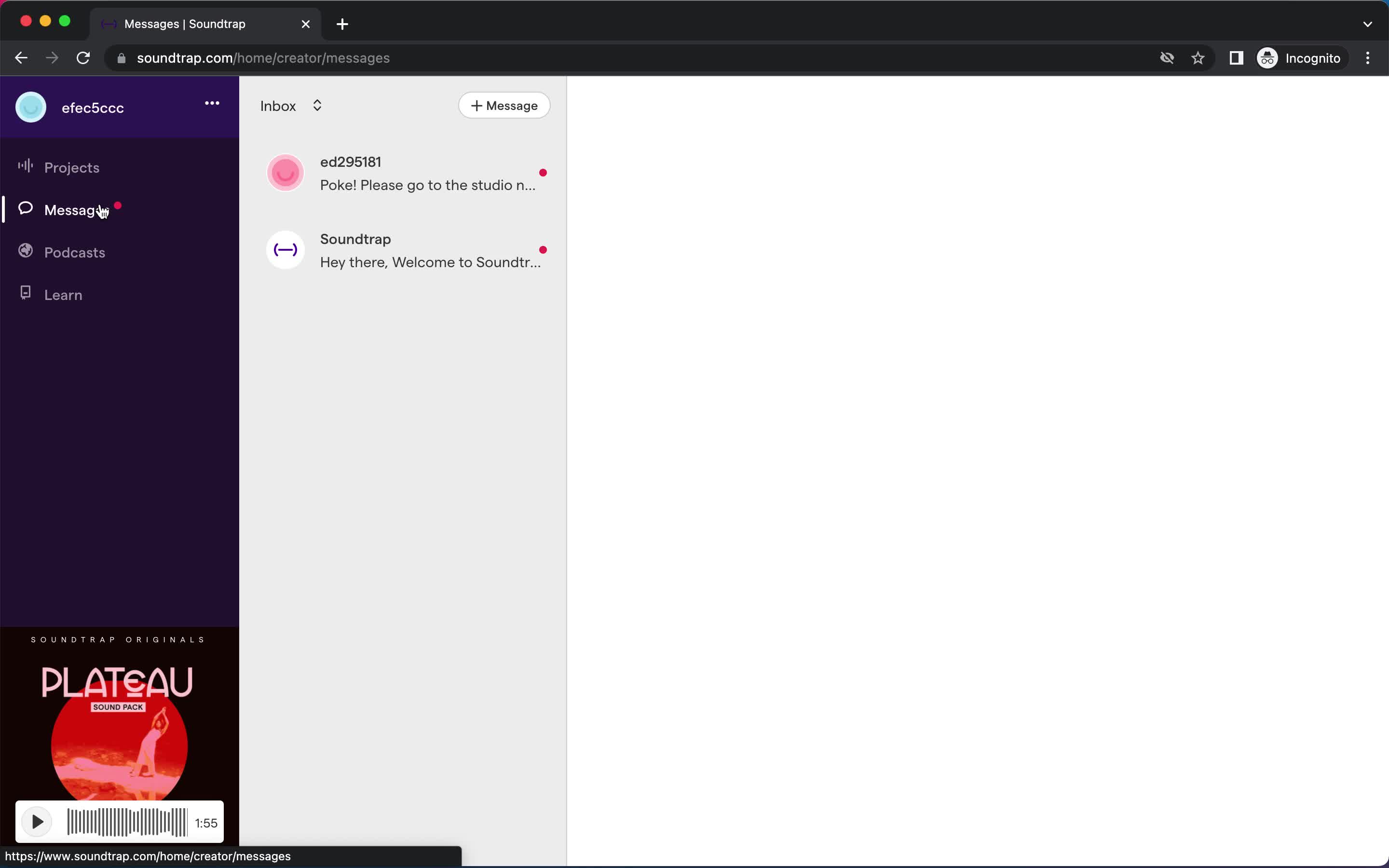 Screenshot of Messages on Sending Messages on Soundtrap user flow