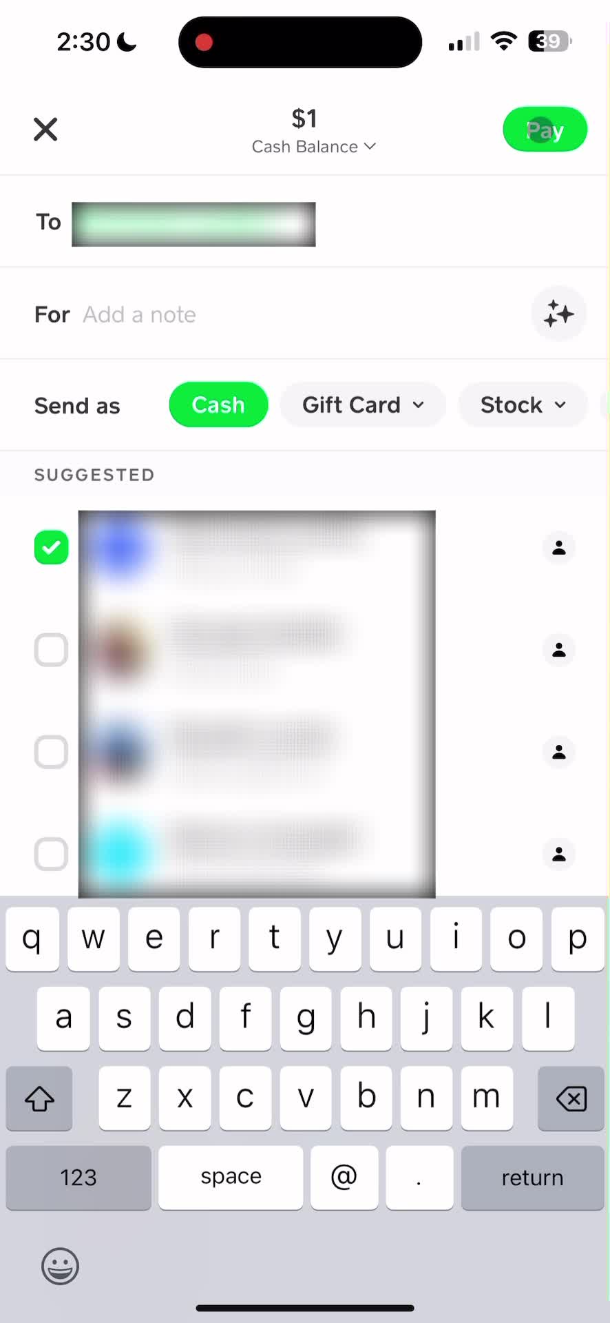 Sending money screenshot